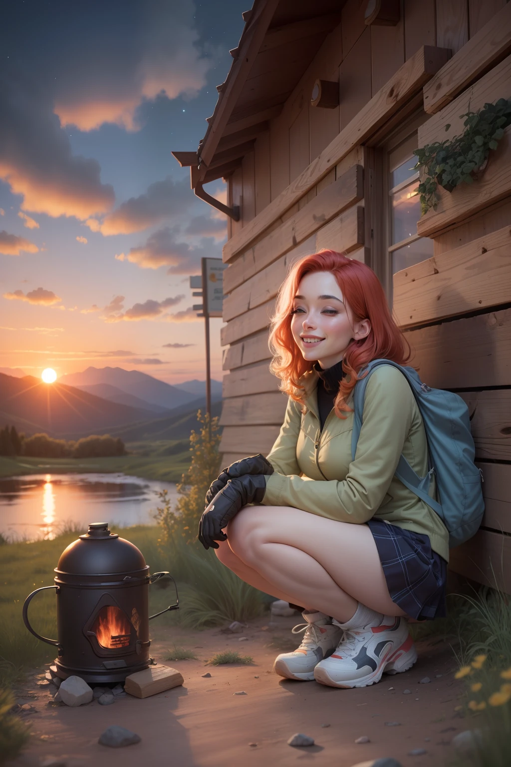 1 woman, red hair with blonde locks, skirt, cold blouse ((full body, crouching, smiling, happy)), masterpiece, best quality, perfect eyes, perfect hands, perfect legs, ultra-detailed, solo, outdoor, (sunset), mountains, nature, (stars, cloud) cheerful, happy, backpack, sleeping bag, camping stove, water bottle, tennis, gloves, flashlight, forest, stones, river, wood, smoke, shadows, contrast, style, (warm hue, warm tone: 1.2), cinematic light, side lighting, ultra high resolution, best shade, RAW, wooden house, campfire