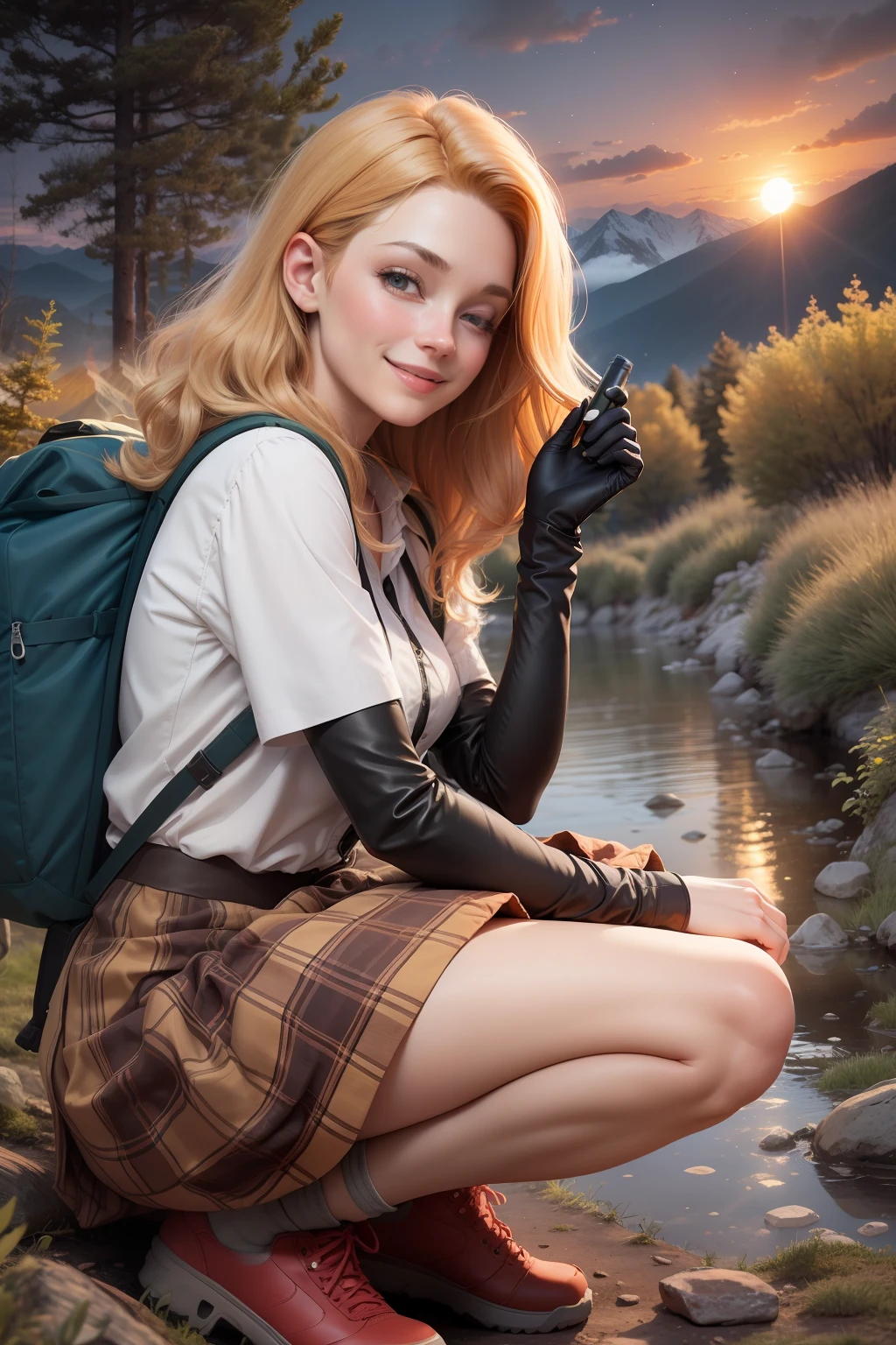 1 woman, red hair with blonde locks, skirt, cold blouse ((full body, crouching, smiling, happy)), masterpiece, best quality, perfect eyes, perfect hands, perfect legs, ultra-detailed, solo, outdoor, (sunset), mountains, nature, (stars, cloud) cheerful, happy, backpack, sleeping bag, camping stove, water bottle, tennis, gloves, flashlight, forest, stones, river, wood, smoke, shadows, contrast, style, (warm hue, warm tone: 1.2), cinematic light, side lighting, ultra high resolution, best shade, RAW, wooden house, campfire