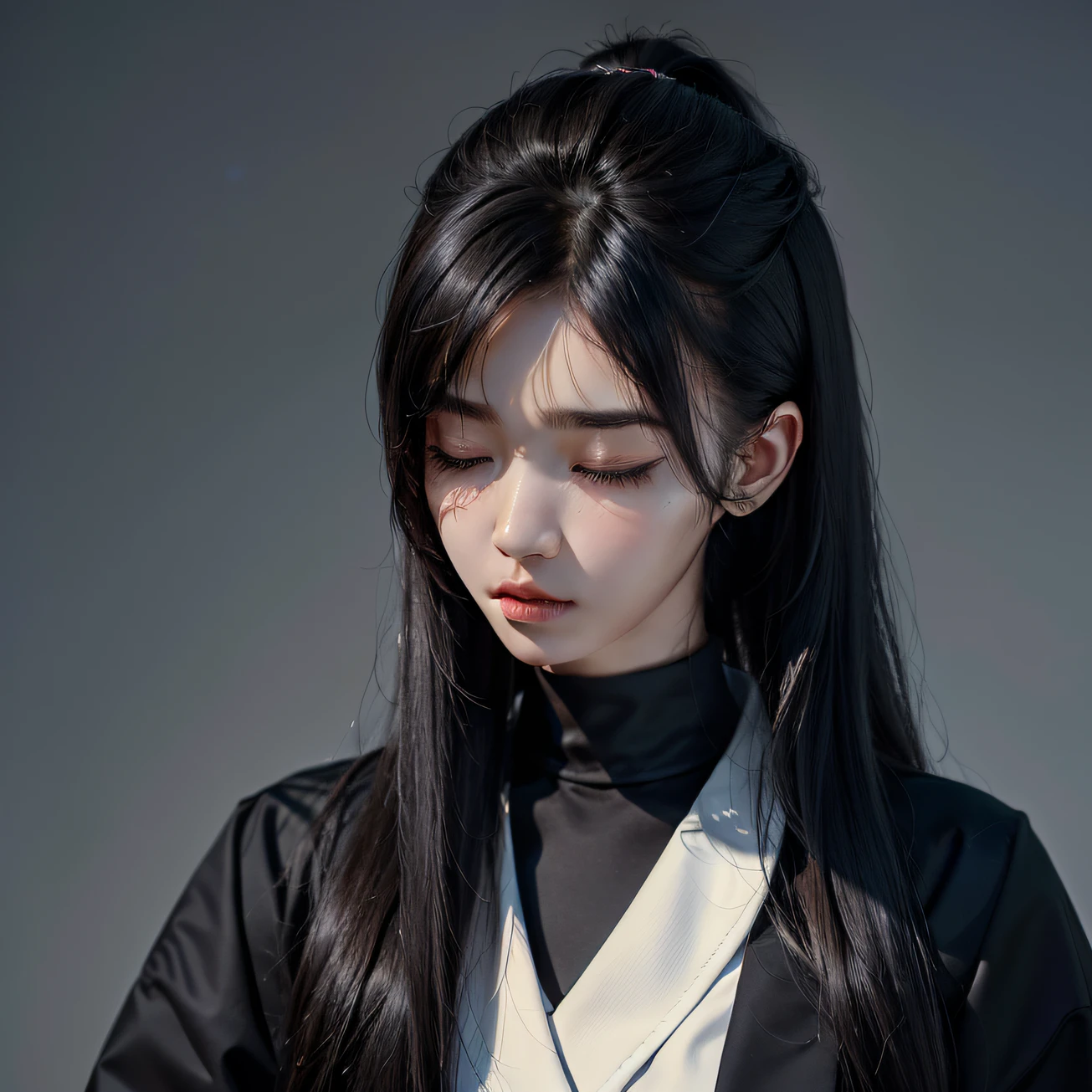 20 years old woman, Beautiful Korean Woman, eyes closed, students, school uniformss, (hi-top fade:1.3), long hair, dark theme, Calm tone, subdued colors, High contrast, (Natural skin texture, hyperrealism, Soft light, edgy)