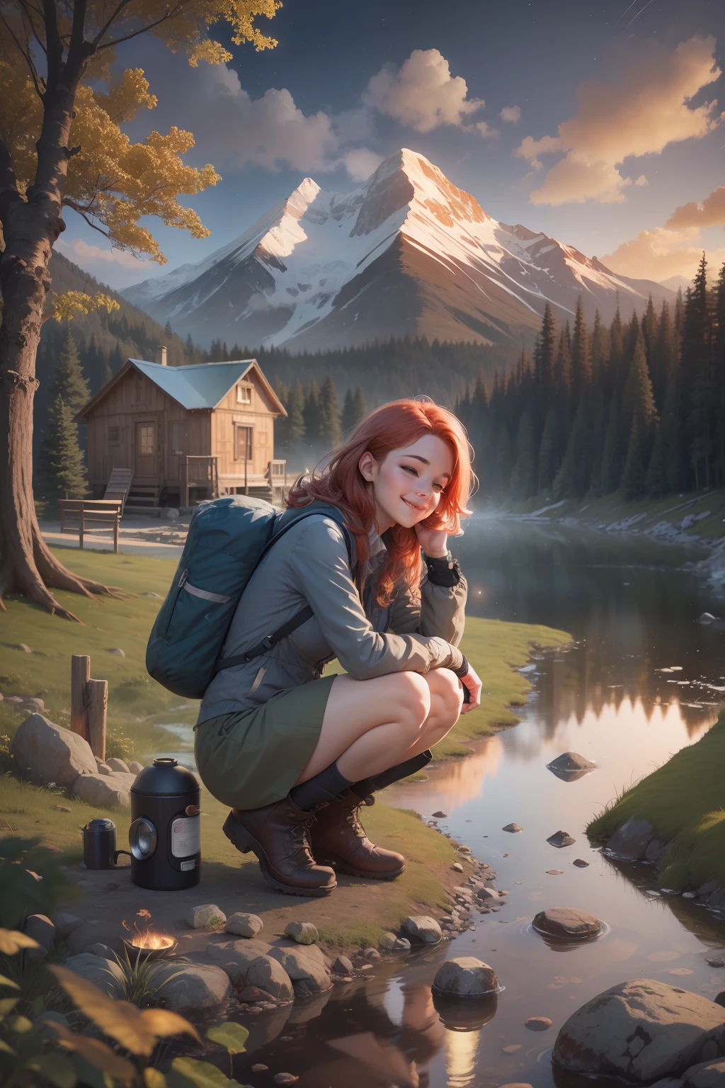 1 woman, red hair with blonde locks, skirt, cold blouse ((full body, crouching, smiling, happy)), masterpiece, best quality, perfect eyes, perfect hands, perfect legs, ultra-detailed, solo, outdoor, (sunset), mountains, nature, (stars, cloud) cheerful, happy, backpack, sleeping bag, camping stove, water bottle, tennis, gloves, flashlight, forest, stones, river, wood, smoke, shadows, contrast, style, (warm hue, warm tone: 1.2), cinematic light, side lighting, ultra high resolution, best shade, RAW, wooden house, campfire