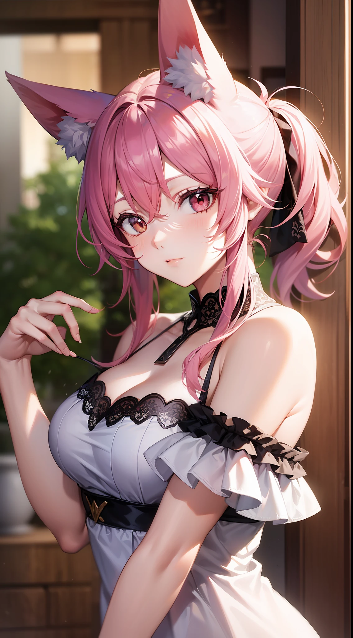 Adult woman, pink hair, low ponytail, white eyes, Fox ears, Foxtail, open dress, Masterpiece, hiquality