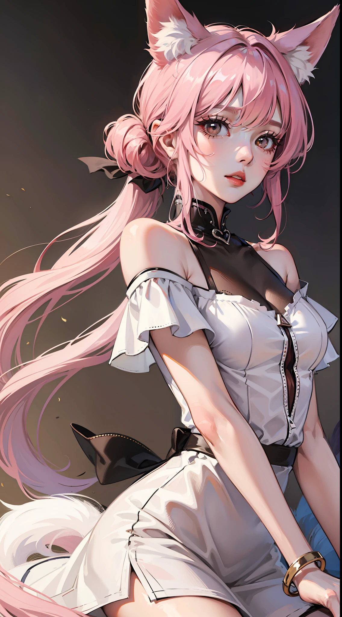 Adult woman, pink hair, low ponytail, white eyes, Fox ears, Foxtail, open dress, Masterpiece, hiquality