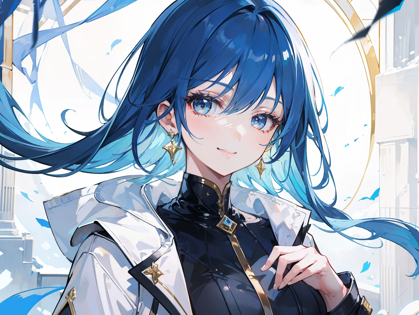 "Epic daylight atmosphere, stunning 4k artwork featuring a beautiful mature lady with tied primary blue hair. Gold eyes. She was wearing white-gold saintess coat and warm smile."