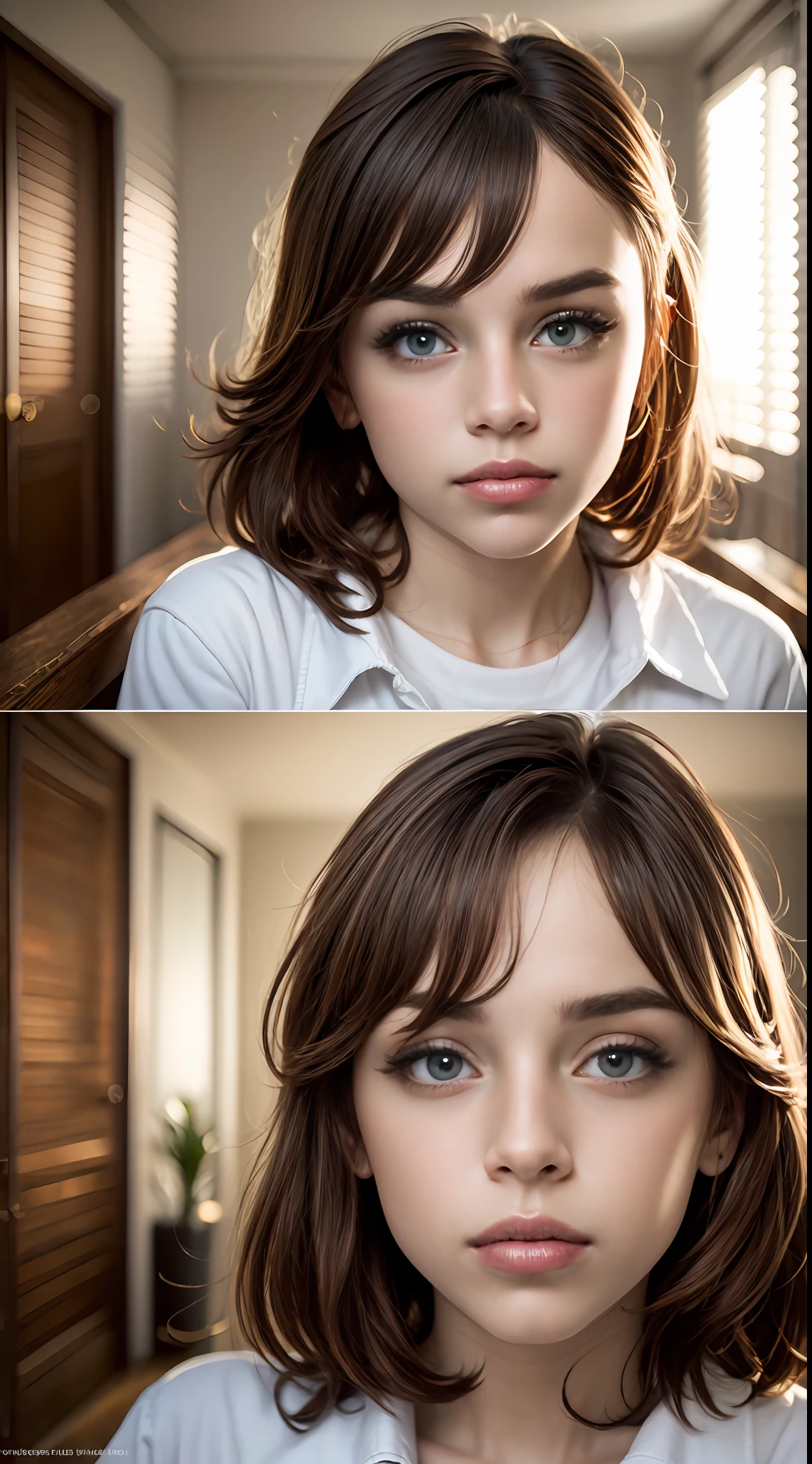 (Obra maestra)Retrato de, brown medium hair, Transparen Twhite Piel limpia, grandes e intensos ojos azul-turqueses, labios rojos intensos, ruboroso, Intrincadas ilustraciones de Boticelli, Luz natural suave del atardecer, 85m, Contraste preciso, En su rostro delicadas luces y sombras que filtran la radiosidad celestial.