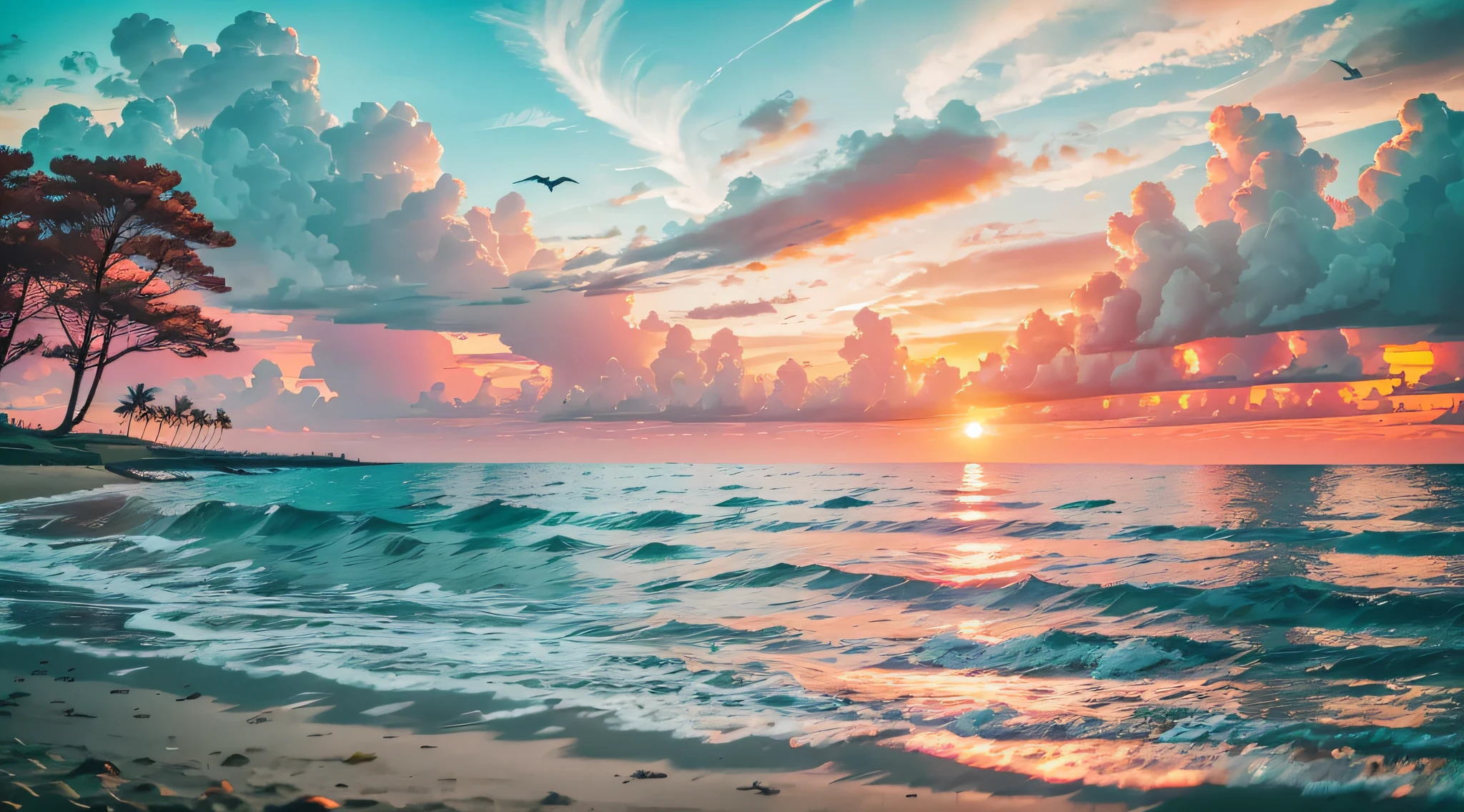 Sunset over the sea,There is a sandy beach,sea shell,Colorful trees,Burning clouds,seagulls,There is a small meadow in the middle of the sea,A small woods --auto