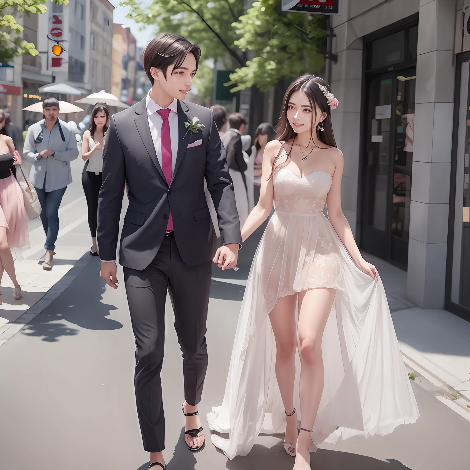 Walk the city streets，a young man and a woman，Bandeau dress，Wear a long, gorgeous diamond-encrusted wedding dress with lace trim，Wearing a pink floral long dress，cute couple，Shopping，in city