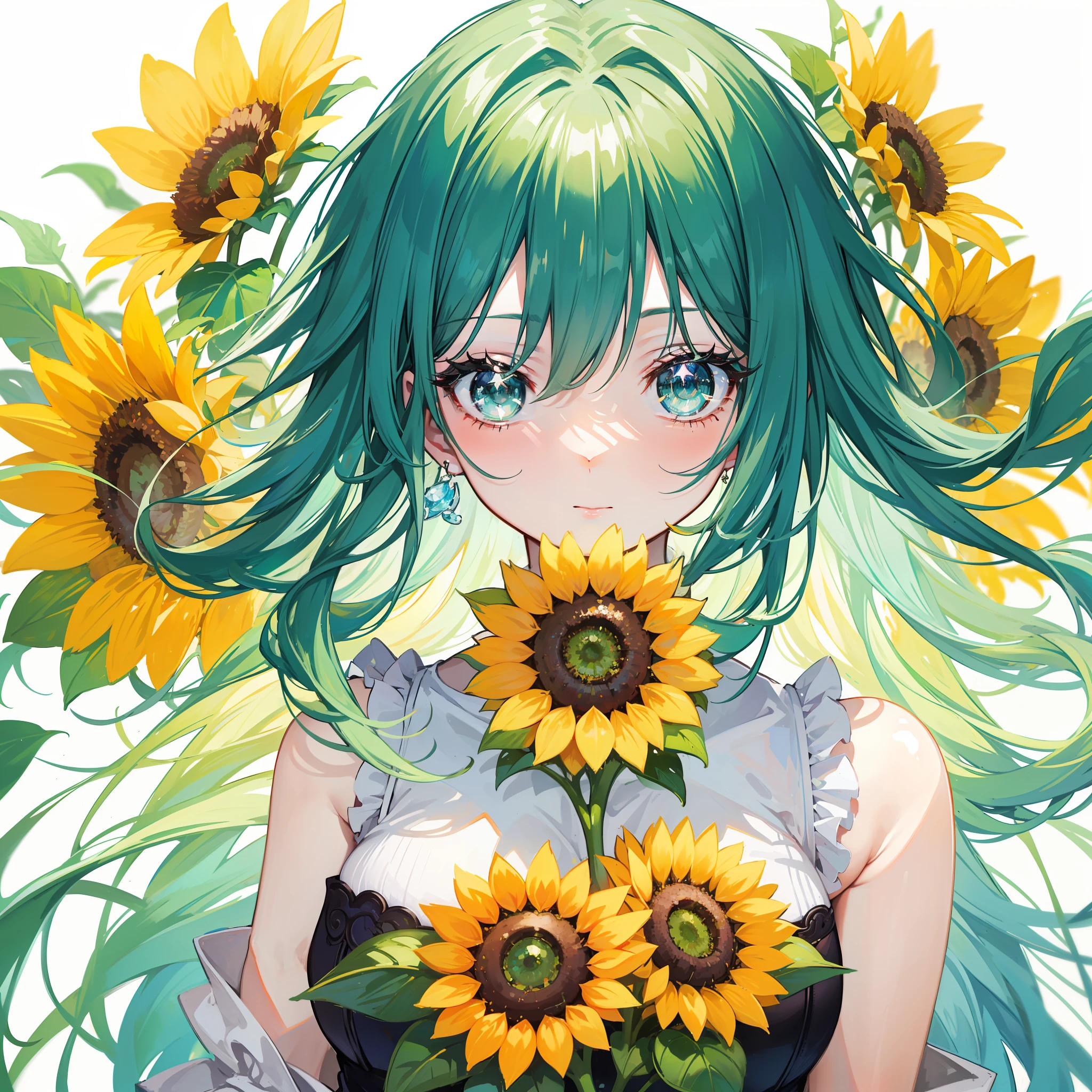 high-level image quality、hiquality、Beautiful eyes、up of face、Sparkling eyes、Green Hair Girl、Mystical、Fantastical、Background that seems to be sucked in、Glittery sunflowers、Sunlight shines in、glowing gemstones、Crisp look、Strong determination