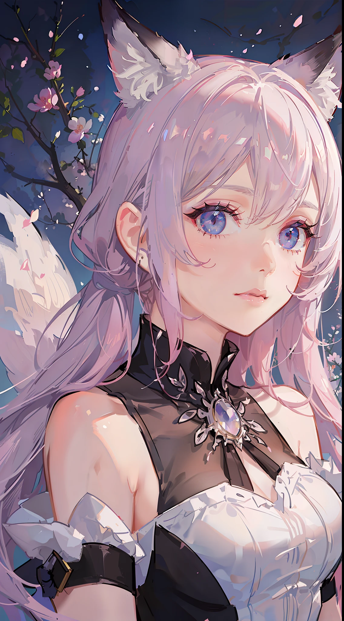 Adult woman, pink hair, low ponytail, white eyes, Fox ears, Foxtail, open dress, Masterpiece, hiquality