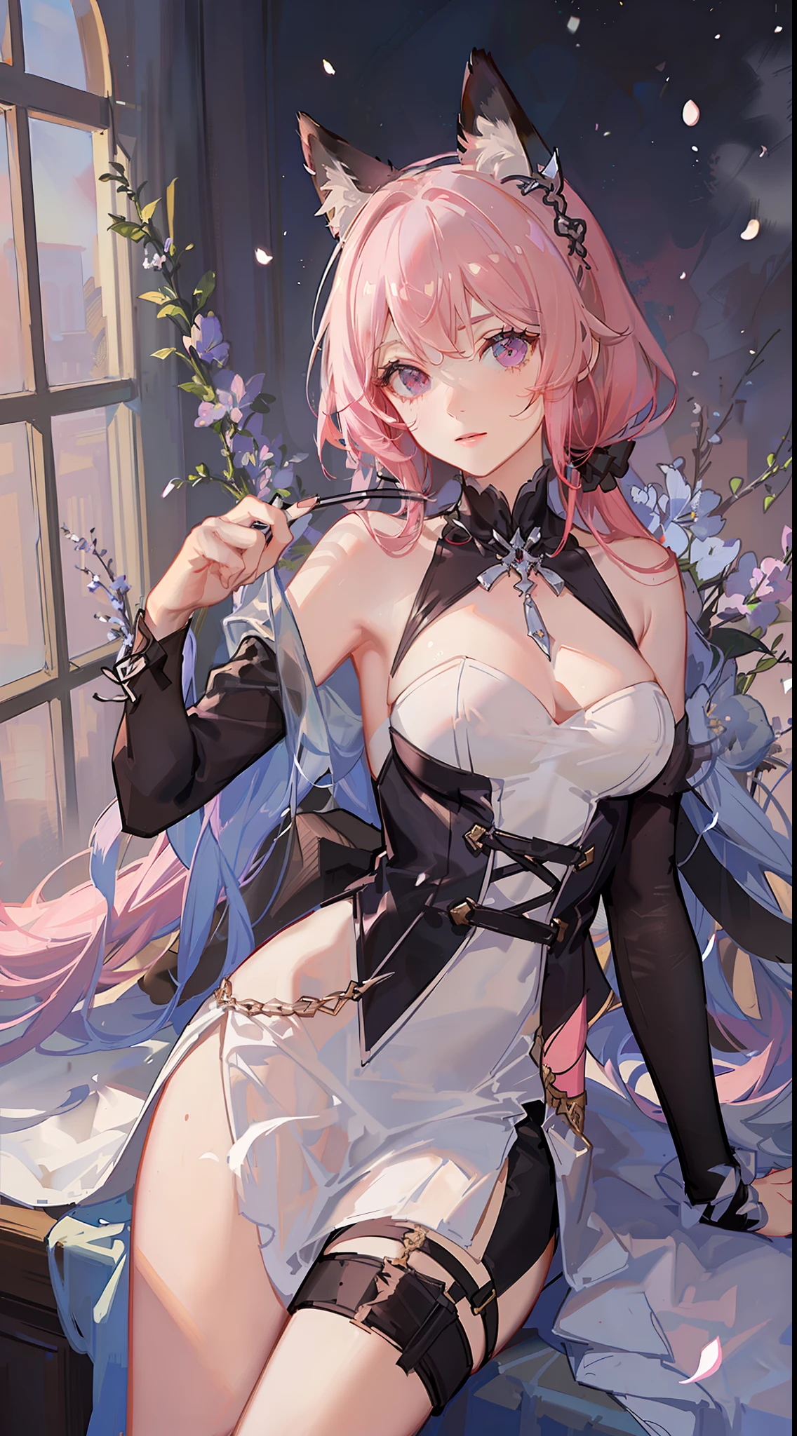 Adult woman, pink hair, low ponytail, white eyes, Fox ears, Foxtail, open dress, Masterpiece, hiquality