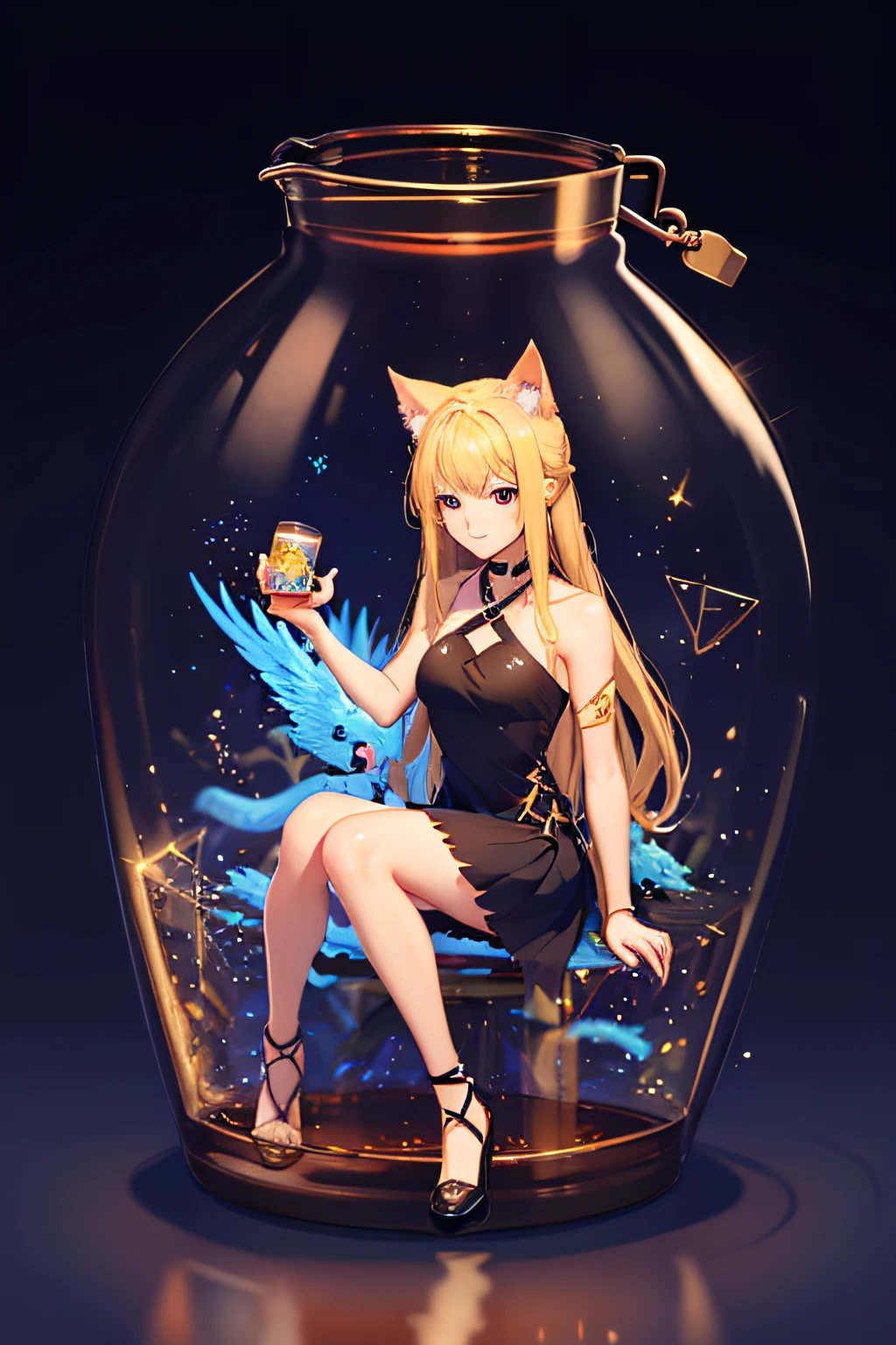 nffsw, cup, ((in container)), (masutepiece:1.6, Best Quality), (finely detailed beautiful eye: 1.2), phyami, Yami Yugi, 1girl in, Solo, Sitting, Blonde hair, (Cat's ears), Long hair, Red Eyes, Black wings, Bare shoulders, Hair intake, 鎖骨, Choker,halterneck, Feathered wings, Collar, Anime coloring, hair between eye, criss-cross halter, Black Dress, Bangs, Very long hair, lightsmile, Blue light