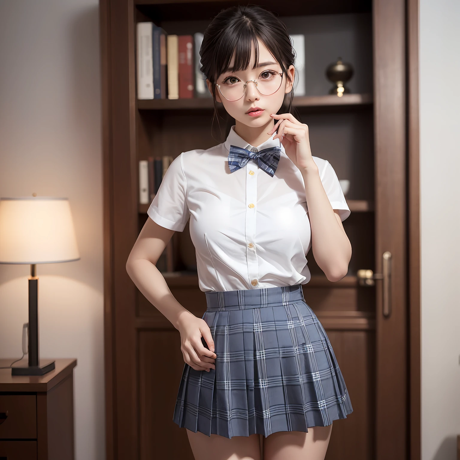 (8K、Raw photography、top-quality、masterpiece:1.2)(Tight eyes,Bullish,skinny,Rasping,irate,small tits,flat breast)、masterpiece,top-quality、超A high resolution,Raw photo,ren,Beautiful fece,One Person, 独奏,eye glass,,Dark look,Small breasts,fullllbody,Round glasses、cute little、A Japanese Lady,is standing,(Tight eyes,Bullish,skinny,Rasping,irate,small tits,flat breast)、(Photorealsitic:1.37)、Photon mapping,Light blue ribbon,Realistic、Cute little face,Brown-eyed、Black socks、(Red bow tie)、Radio City、Physically Based Rendering、Foreground、depth of fields、Blurry background、a picture,The girls、Body, Long legs, Thin leg, poneyTail,(Bangs are visible), hair, s lips, Blue_The eye, nosesoft, Bra shows through and are visible,White shirt, Navy blue and white plaid pleated skirt, Sheer clothing,, Thigh, Black cotton socks,Nogizaka Idol, 女優, Japanese ido