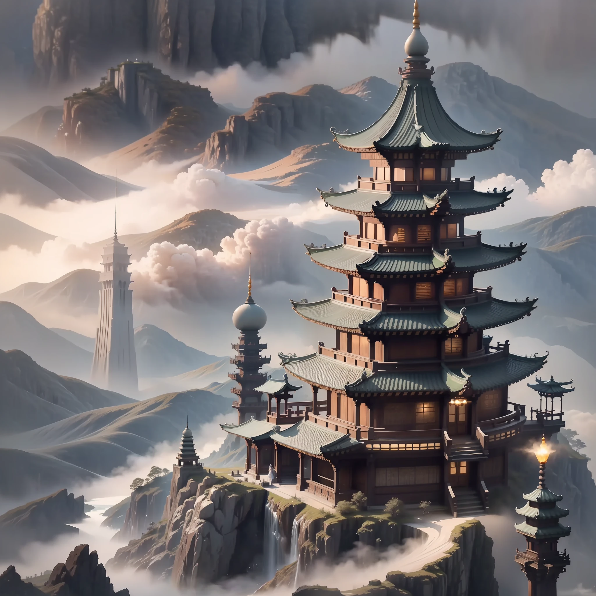 (Story,Beautiful,realisticlying,flowy),Light antique music in the background,Floating in the sky are detailed and realistic fairy tale towers and vast sea of clouds。Under the white jade skin of the gods,Soft neon lights outline the mysterious atmosphere,The scene is magnificent,Intoxicating。In the distance there is a tall pagoda of immortals,100k,k hd