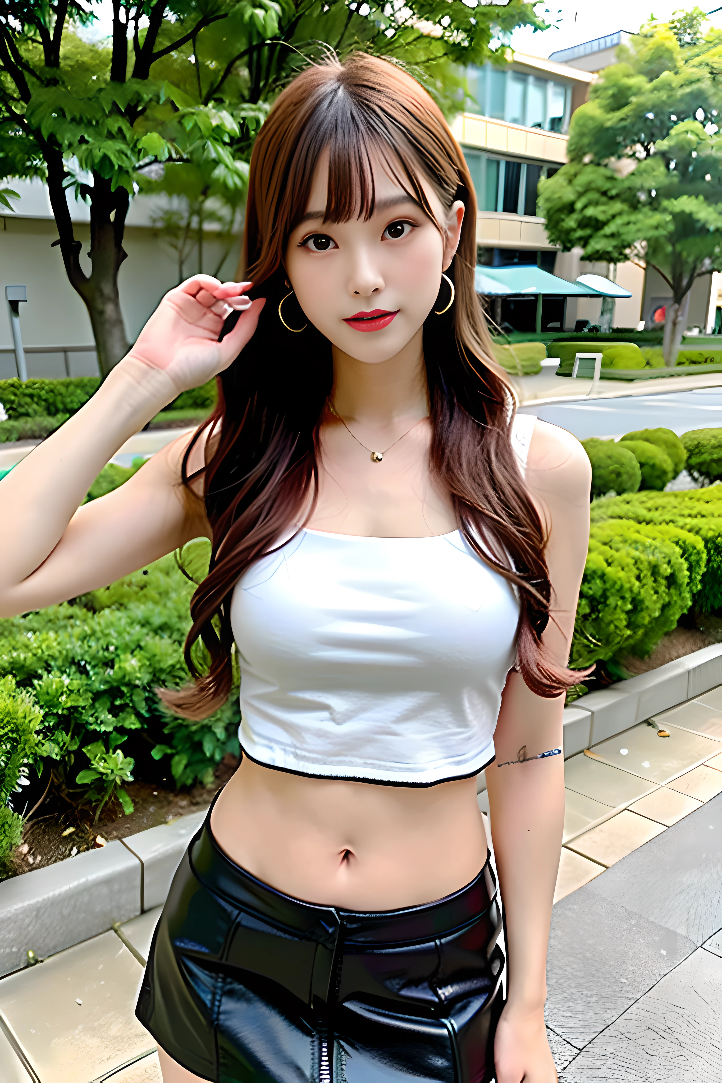 (Masterpiece, Best Quality: 1.5), (Ultra Detailed 8k CG: 0.4), (Ultra Realistic: 1.35), (Photorealistic: 1.45), (Real: 1.5), Posing, Standing, Beautiful Japan Girl, 26 years old, Supermodel, Gorgeous, Japan Idol, Detailed Eyes, Slender, {Park Background}, Reflected Light, Bikini Top, Leather Mini Skirt, Long Hair, Wavy hair, thin long legs, earrings, necklace, high heels