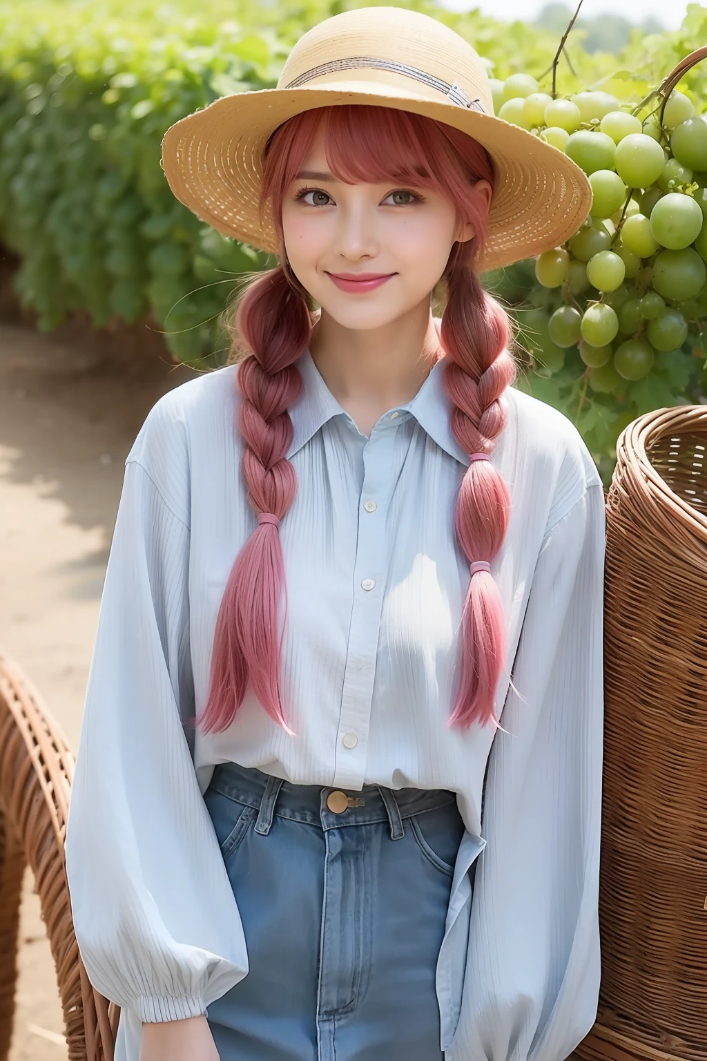 Big loose farmhouse hat、Being on the scene、 poneyTail、A pink-haired、bangss、 Agricultural Uniforms、Long sleeve polo shirt、Have grapes、agriculture、There is a basket of onions,