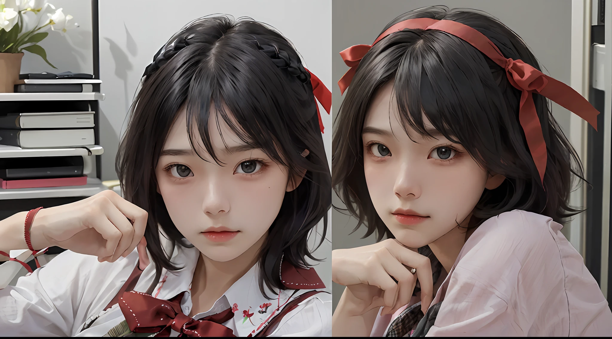top-quality、masterpiece、超A high resolution、(Photorealsitic:1.4)、1girl in、enticing、looking in camera、(((shorth hair)))、(((Large ribbon)))、Inside the office