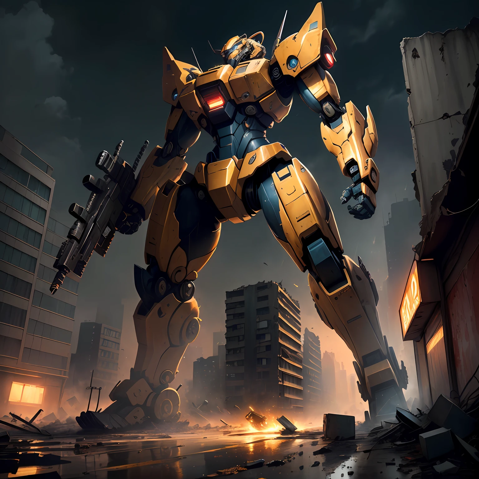 Best quality, masterpiece, 4k, high definition, tiger mecha, claws, fangs, marvel technology, military weapon, destroyed city and abandoned vehicle as background, night, after heavy rain