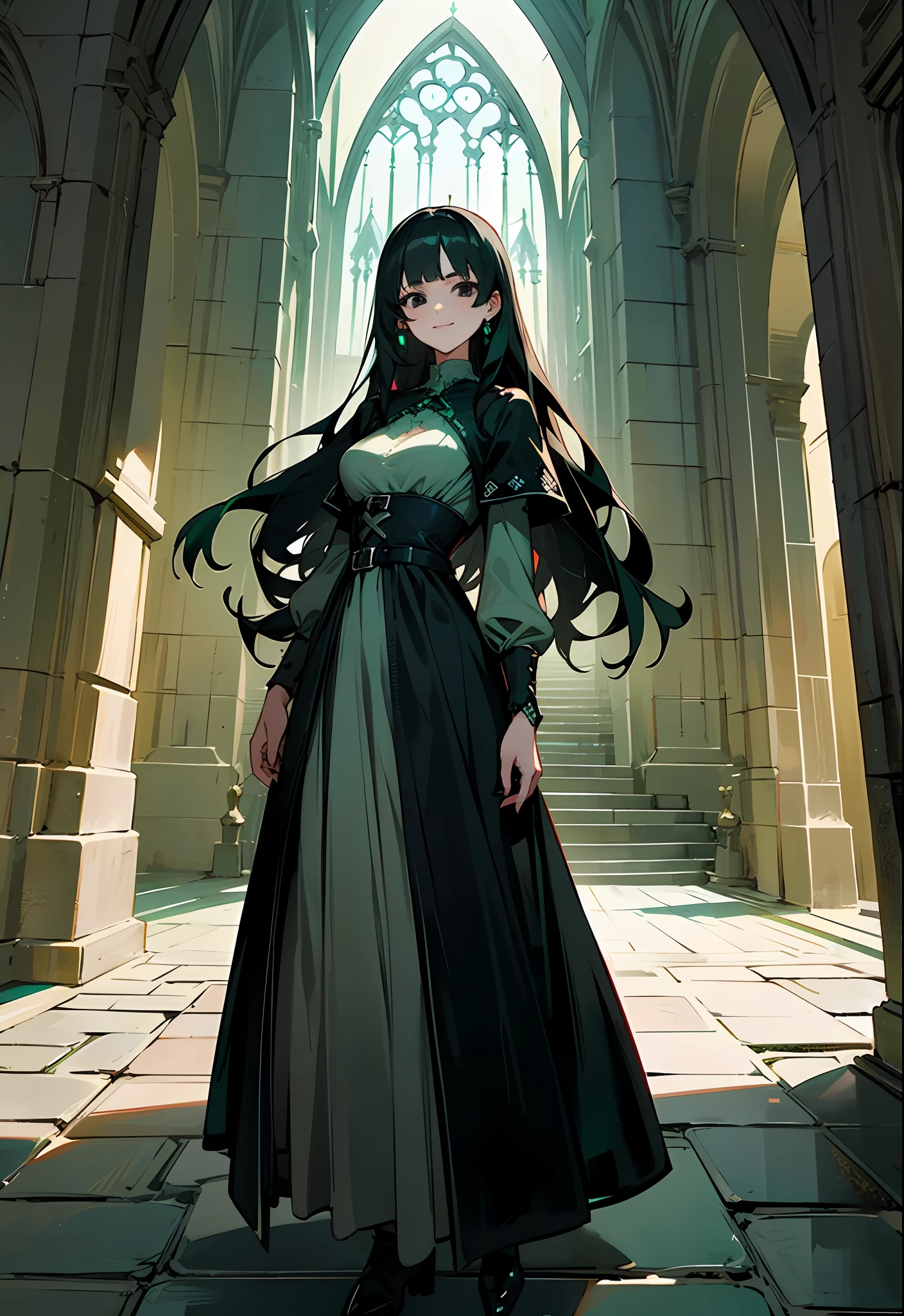 (medium portrait:0.7), (best illumination:1.1), (long straight black hair:1.3), (black eyes:1.3), 1girl, adult woman, serious smile, (medieval black dress with emerald green details:1.4), medium breasts, standing in the middle of a street, stone road, medieval city in background