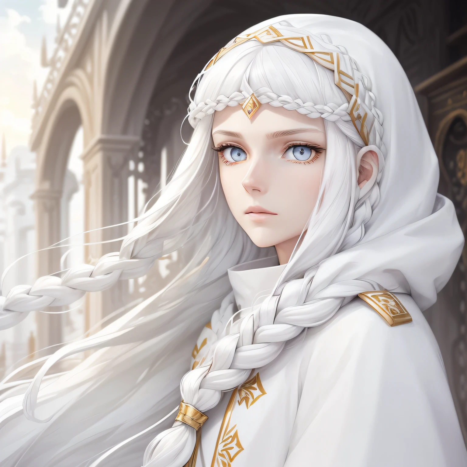 Manteau blanc，white skinned，White hair，long braid，The upper part of the body，Look up，Golden eyes，Need，tmasterpiece --auto