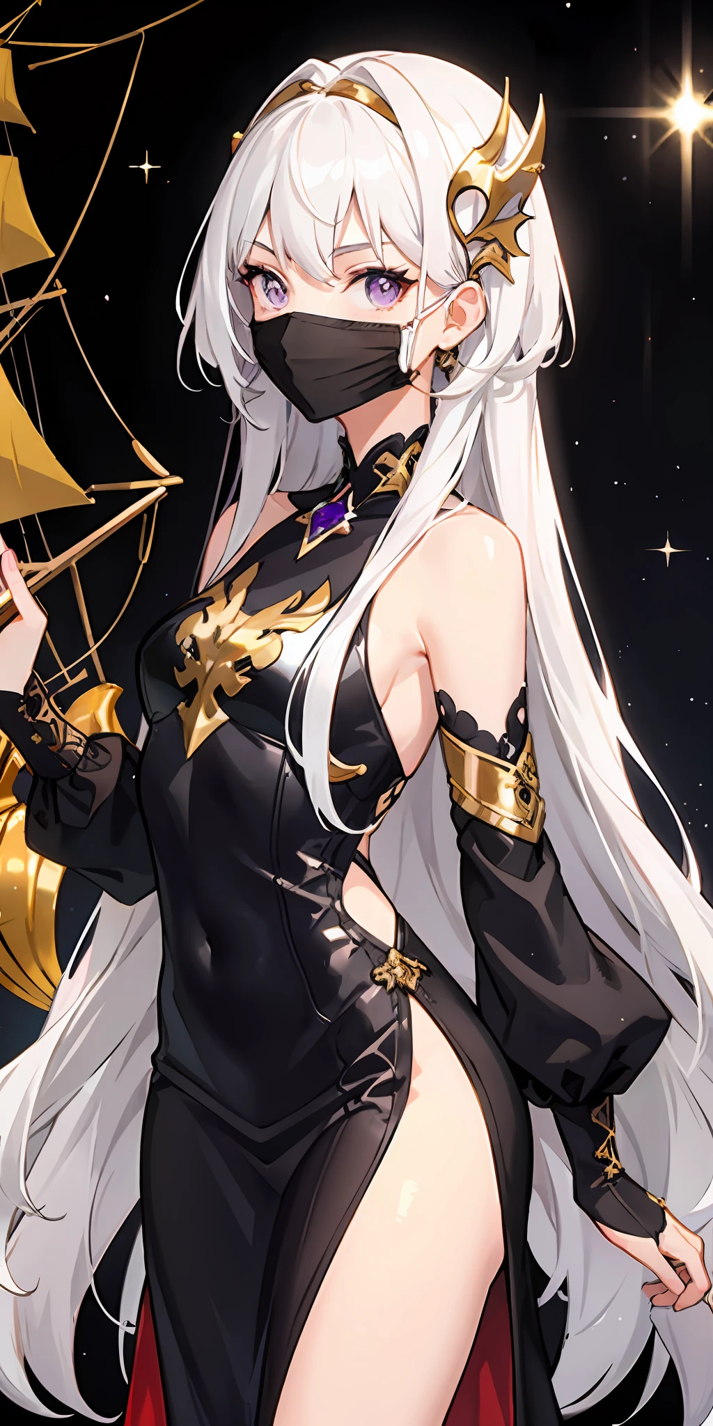 1girl,White hair,O cabelo multicolorido,Purple eye,Wear a mask on your head,Sideslit,light particules,the wallpaper,Golden ship