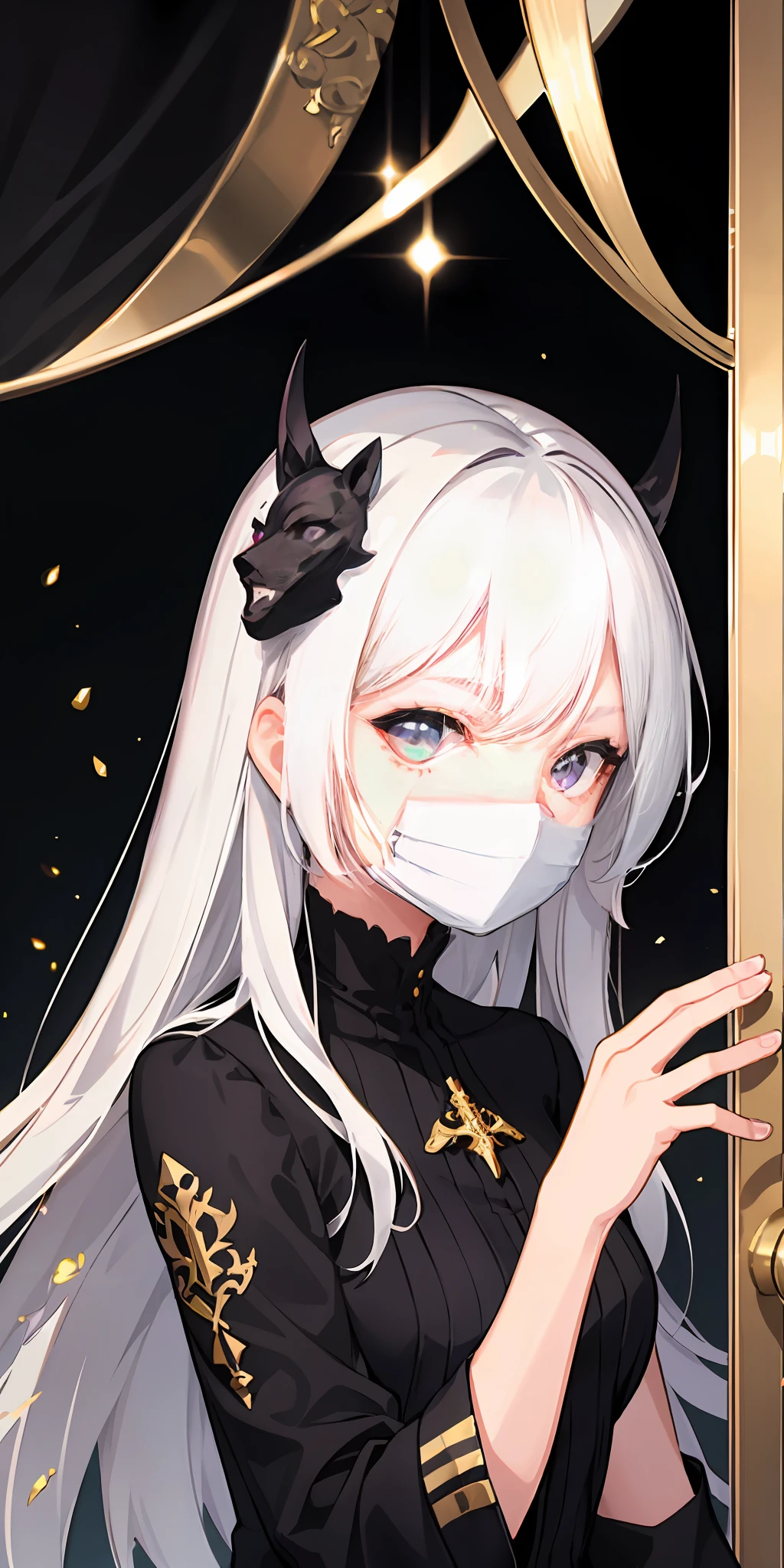 1girl,White hair,O cabelo multicolorido,Purple eye,Wear a mask on your head,Sideslit,light particules,the wallpaper,Golden ship