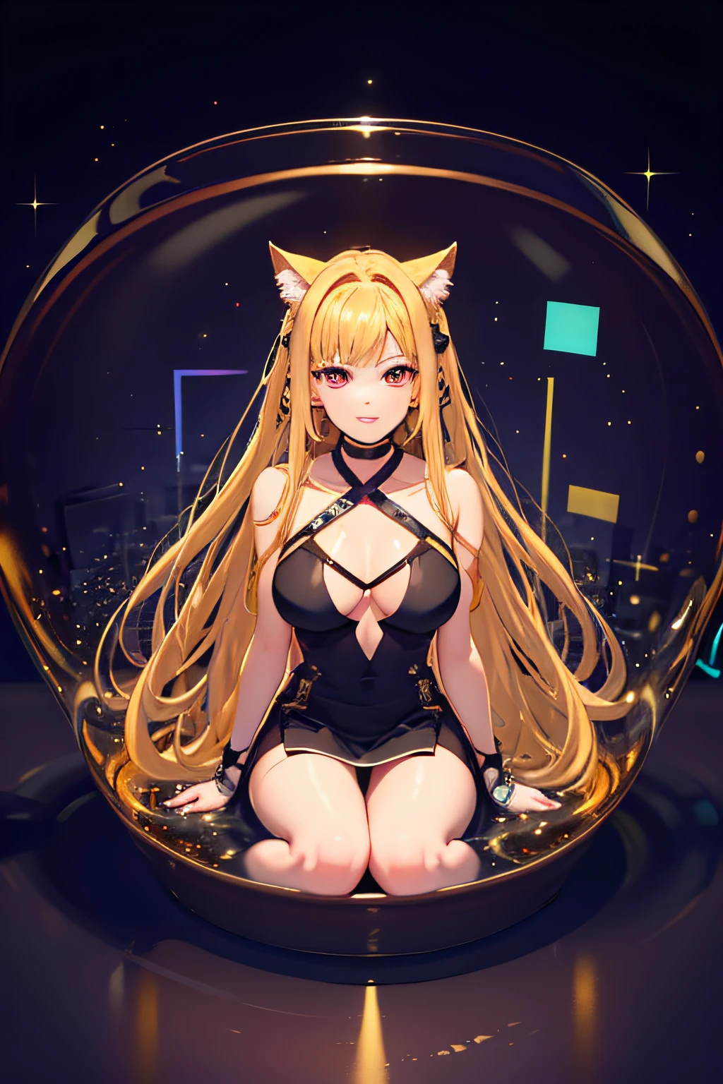 nffsw, cup, ((in container)), (masutepiece:1.6, Best Quality), (finely detailed beautiful eye: 1.2), phyami, Yami Yugi, 1girl in, Solo, Sitting, Blonde hair, (Cat's ears), Long hair, Red Eyes, Black wings, Bare shoulders, Hair intake, 鎖骨, (large full breasts),Choker,halterneck, Feathered wings, Collar, Anime coloring, hair between eye, criss-cross halter, Black Dress, Bangs, Very long hair, lightsmile, blue lights