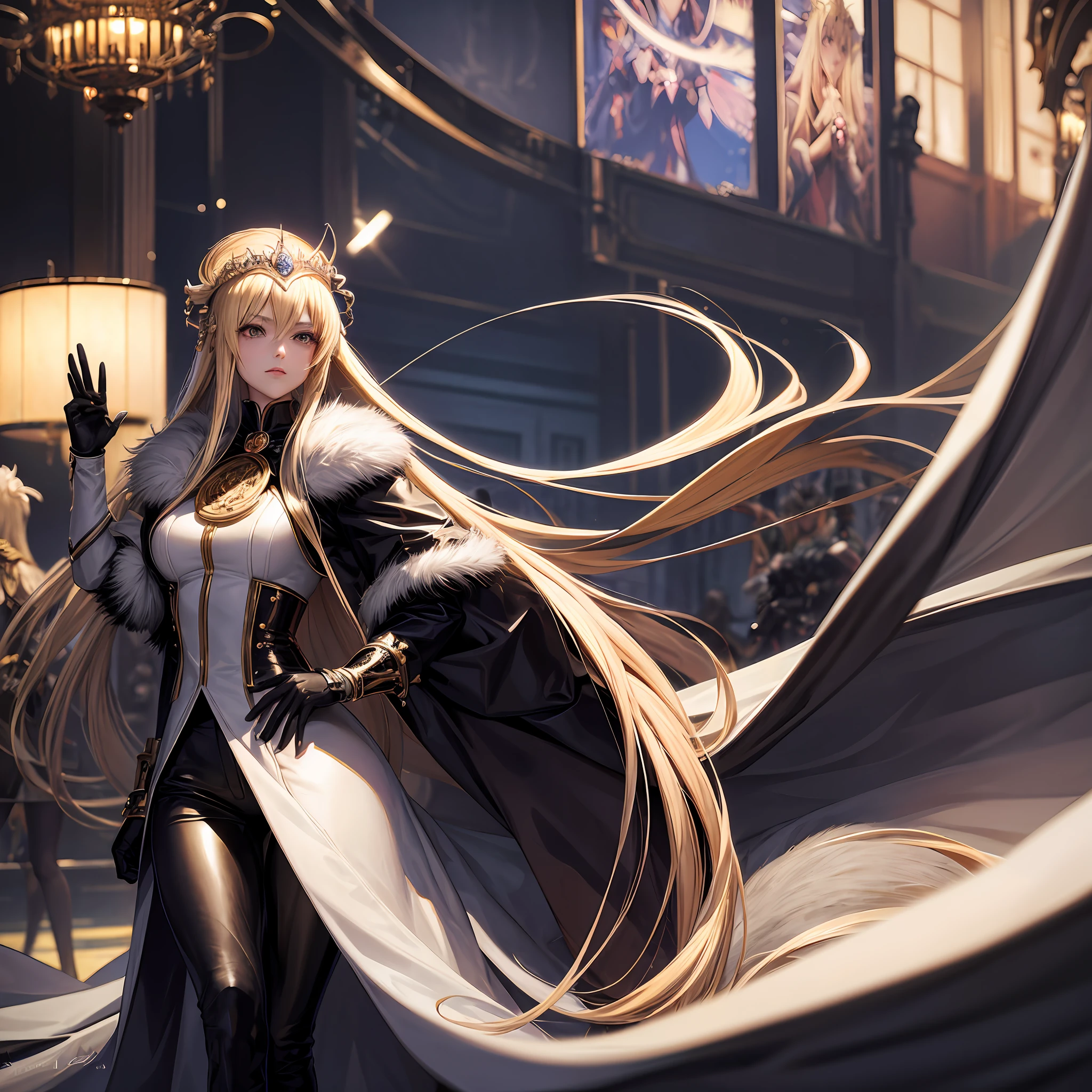 Anime girl with long blonde hair,Leather pants,Umbilical nails,Fur coat,White coat,One hand on the hip,Anime goddess, ((a beautiful fantasy empress)), blond-haired princess, royal elegant pose, a beautiful fantasy empress, --auto