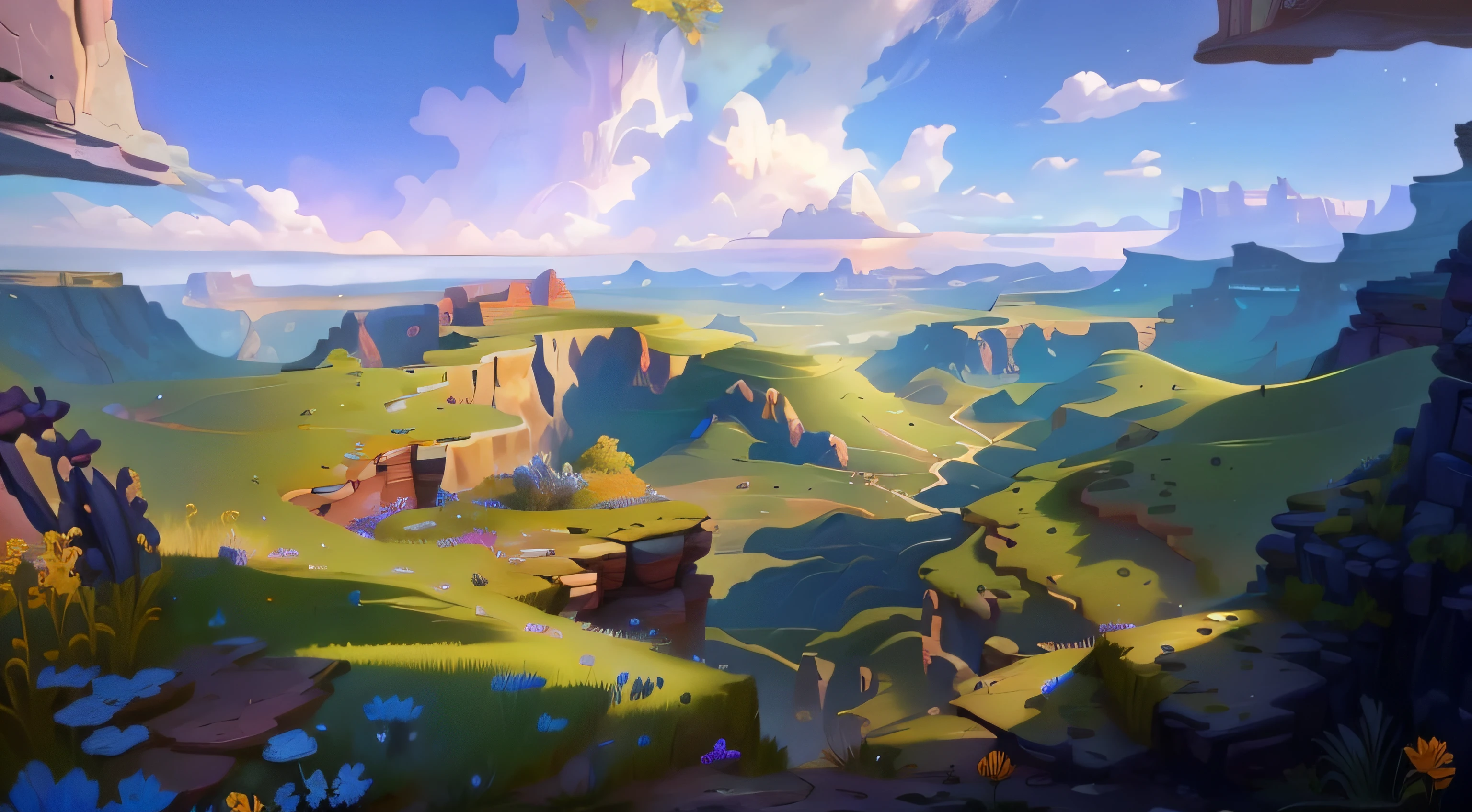 There is a picture of a beautiful landscape with flowers（Bright flowers，Fantastic vegetation），The fantastic Grand Canyon，Ori's style，Bright colors，a sense of atmosphere，mistic, distant village background, background artwork, magical battlefield background, arte de fundo, game background, Epic background, magical battlefield backround, Mobile game background, light kingdom backdrop, Pixar animation style，Pixar cartoon art，best qualityer，Best results，Optimal material feel