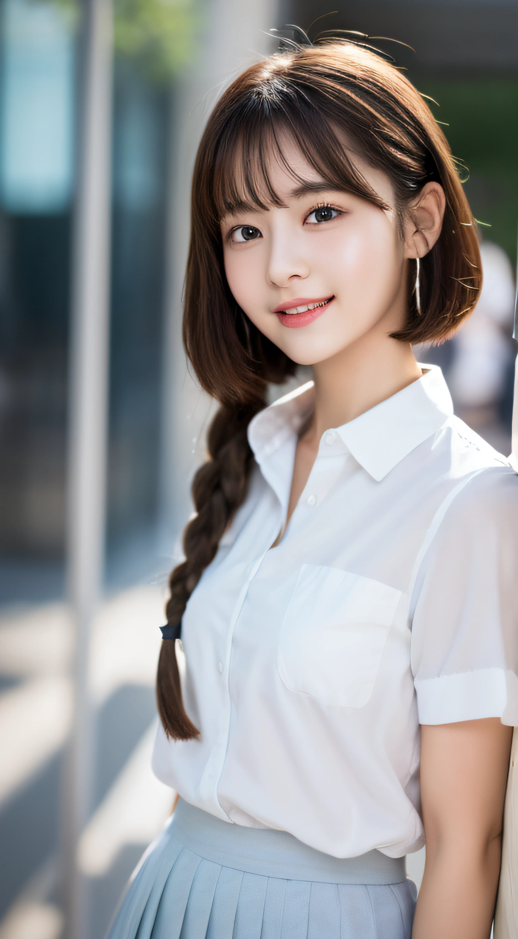 Highly detailed 8K wallpapers),Clear focus,A detailed,dramatics,delicate beautiful schoolgirl,Sheer white shirt,tiese,Dark blue pleated miniature miniature,pale brown hair,Smooth braids,Raised sexy,ssmile,blur backgroun,Beautiful graphics,showing whole body,Short hair