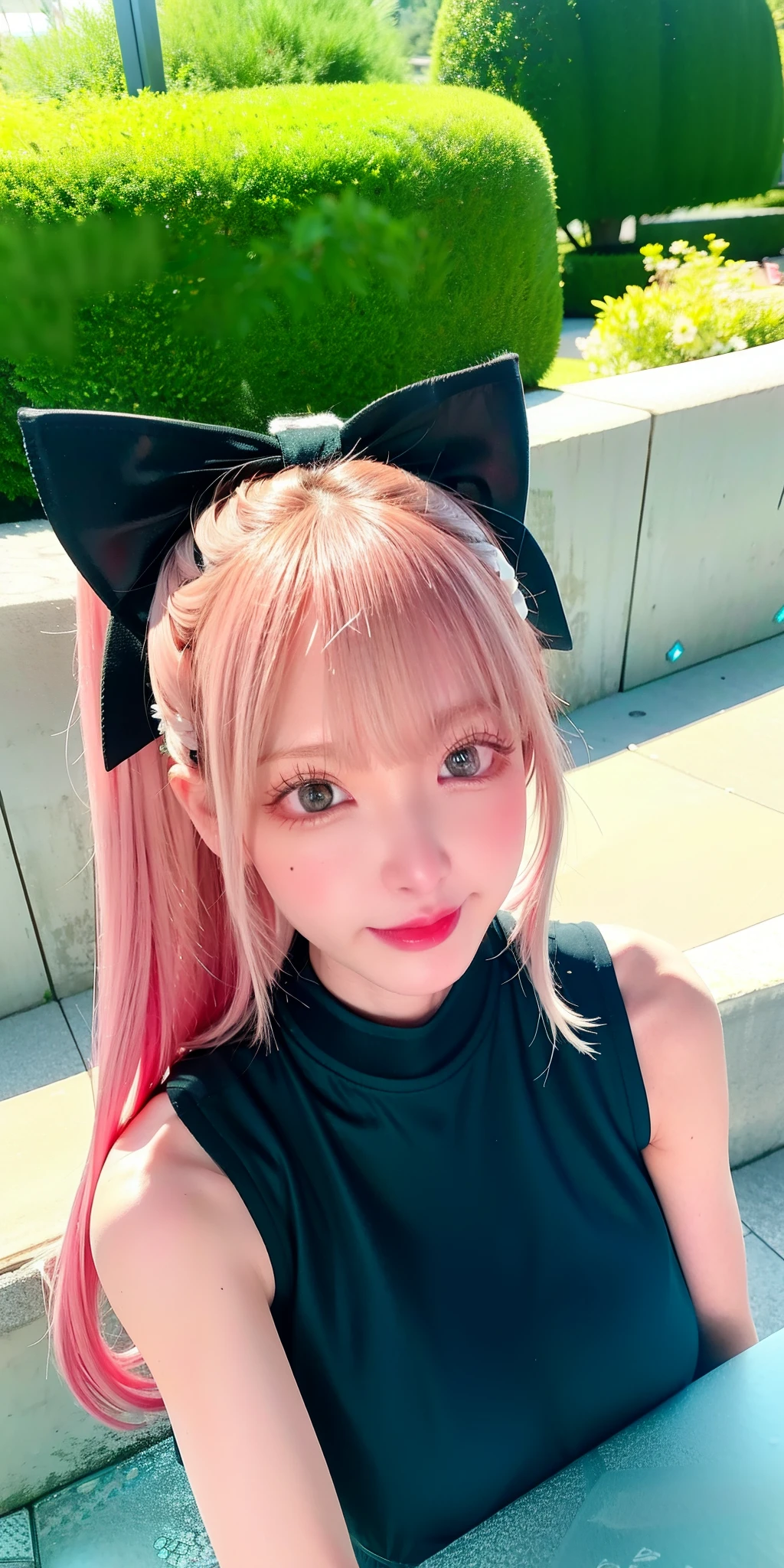 （8k， 4k， best qualtiy， A high resolution：1.2）， （maasterpiece， realisticlying， photograph realistic：1.37）， 1girl， solo， beauitful face， eyeslashes， nase， glossy lips， （Detailed eyes， looking at viewert， White skin of the， White skin of the：1.5）， Delicate complexion， The upper part of the body，
Large of breast，plumw,,,
Outdoor hot spring，
two sides up，Absurdly long hair，blond hairbl，with pink hair，By bangs，hair adornments，Bow knot，
年轻，Getting older，A black face