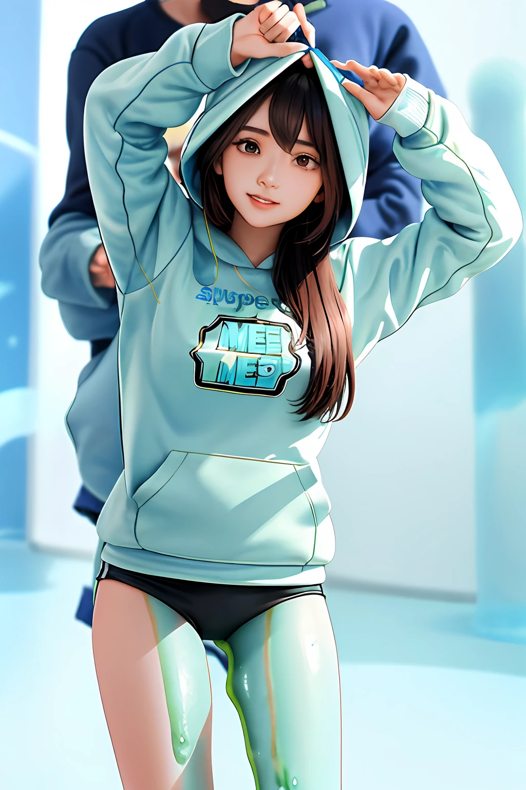 ,1girl,(slime girl), viscous blue skin,high quality,(((slime sports sweatshirt))),translucent body, transparent skin,