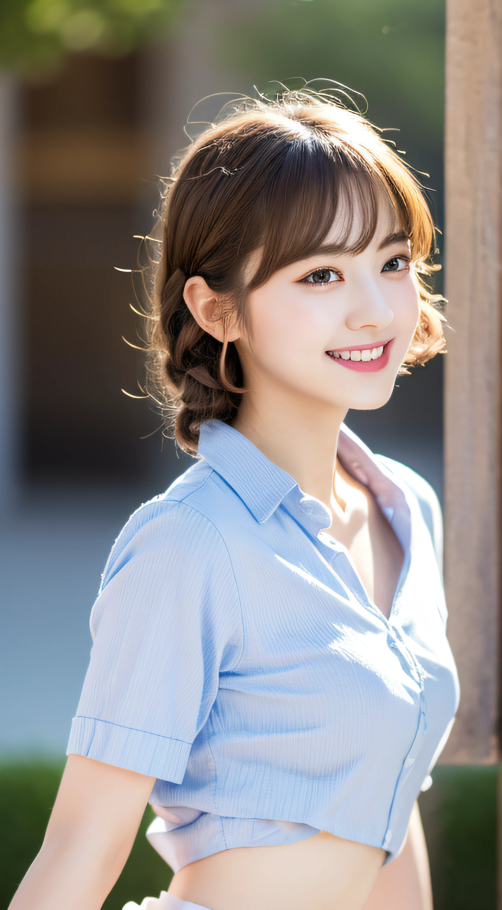 Highly detailed 8K wallpapers),Clear focus,A detailed,dramatics,delicate beautiful schoolgirl,Sheer white shirt,tiese,Dark blue pleated miniature miniature,pale brown hair,Smooth braids,Raised sexy,ssmile,blur backgroun,Beautiful graphics,showing whole body,Short hair