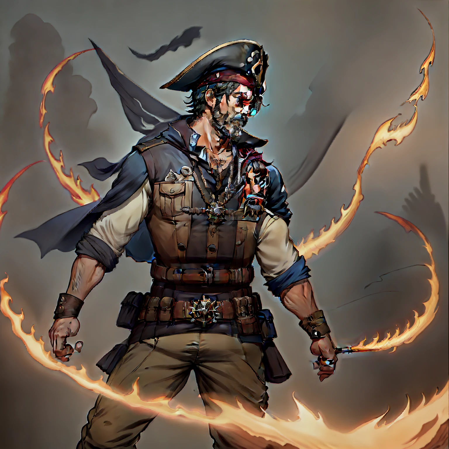 ("pirata"),("homem","male"),("chamas","flames"), Create an amazing image with a(a) pirata homem com chamas e fogo ao fundo.