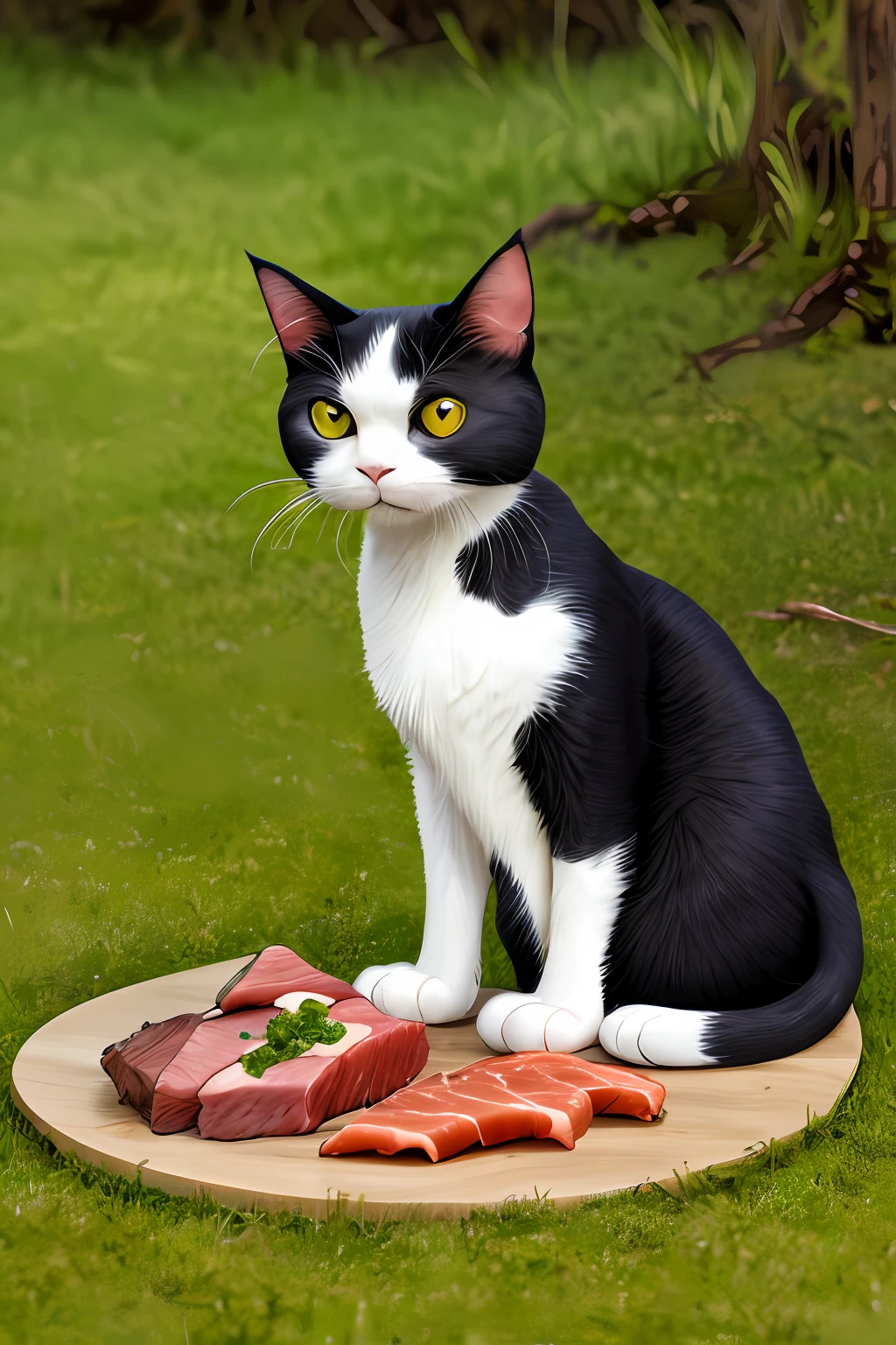 Muppet cat,Realiy,setting in nature,eating meat,magnifica