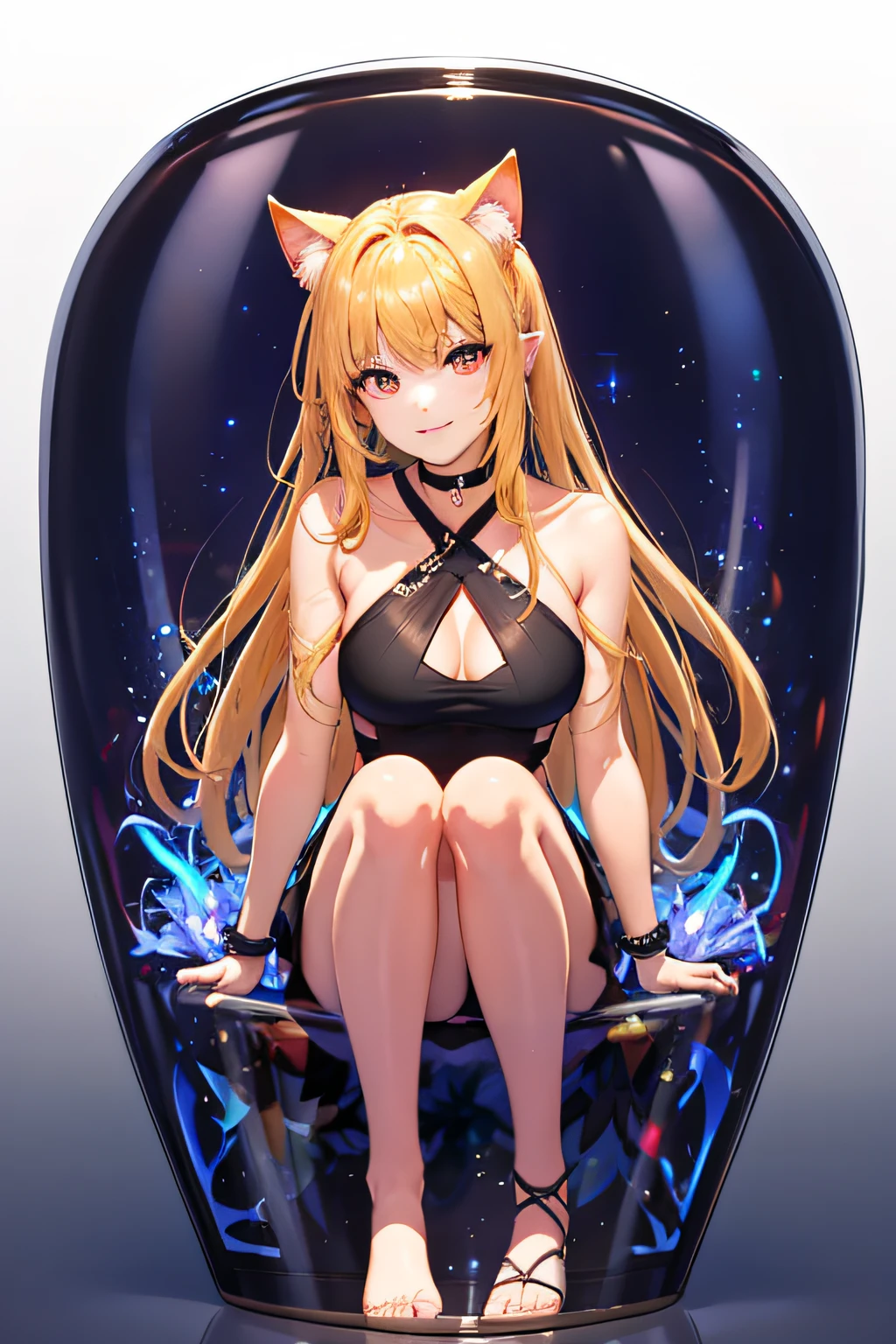 nffsw, cup, ((in container)), (masutepiece:1.6, Best Quality), (finely detailed beautiful eye: 1.2), phyami, Yami Yugi, 1girl in, Solo, Sitting, Blonde hair, (Cat's ears), Long hair, Red Eyes, Black wings, Bare shoulders, Hair intake, 鎖骨, (Beautiful breasts),Choker,halterneck, Feathered wings, Collar, Anime coloring, hair between eye, criss-cross halter, Black Dress, Bangs, Very long hair, lightsmile, blue lights