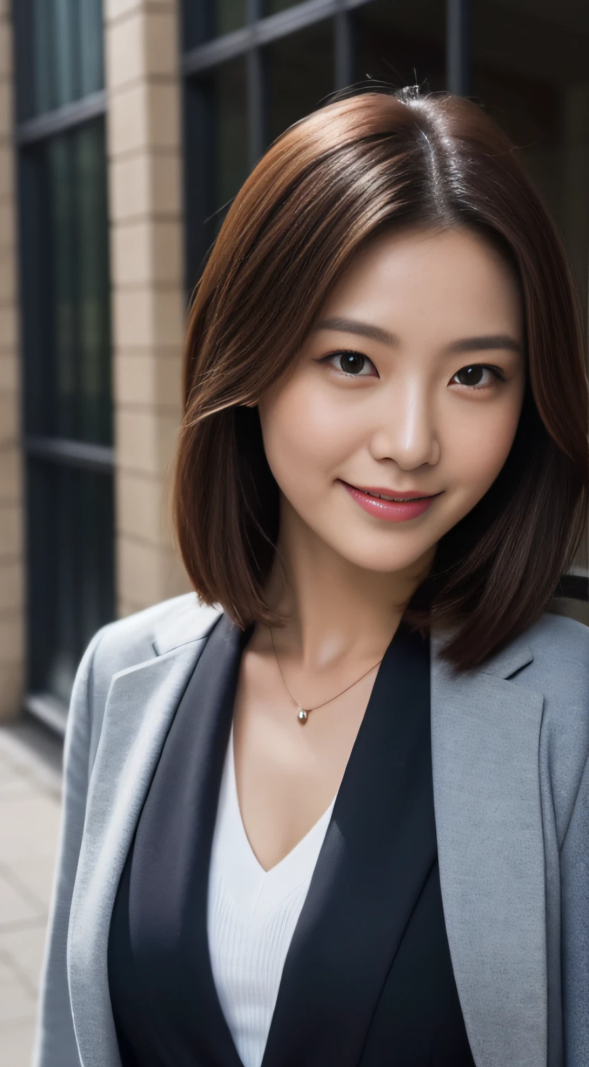 Asian woman in suit posing for one photo, A smile、One girl in a suit,Close-up portrait taken in a single photo, closeup portrait shot,  Wearing a gray business suit, professional closeup photo, full body Esbian、 is wearing  jacket, close up half body shot, Japanese Models, close up portrait photo、细致背景