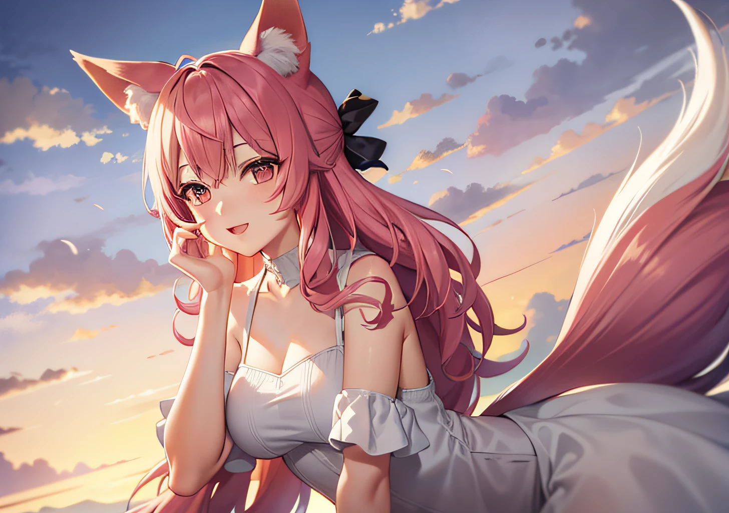 Adult woman, Pink hair, Low ponytail, White eyes, Fox ears, Foxtail, Open dress, Masterpiece, hiquality