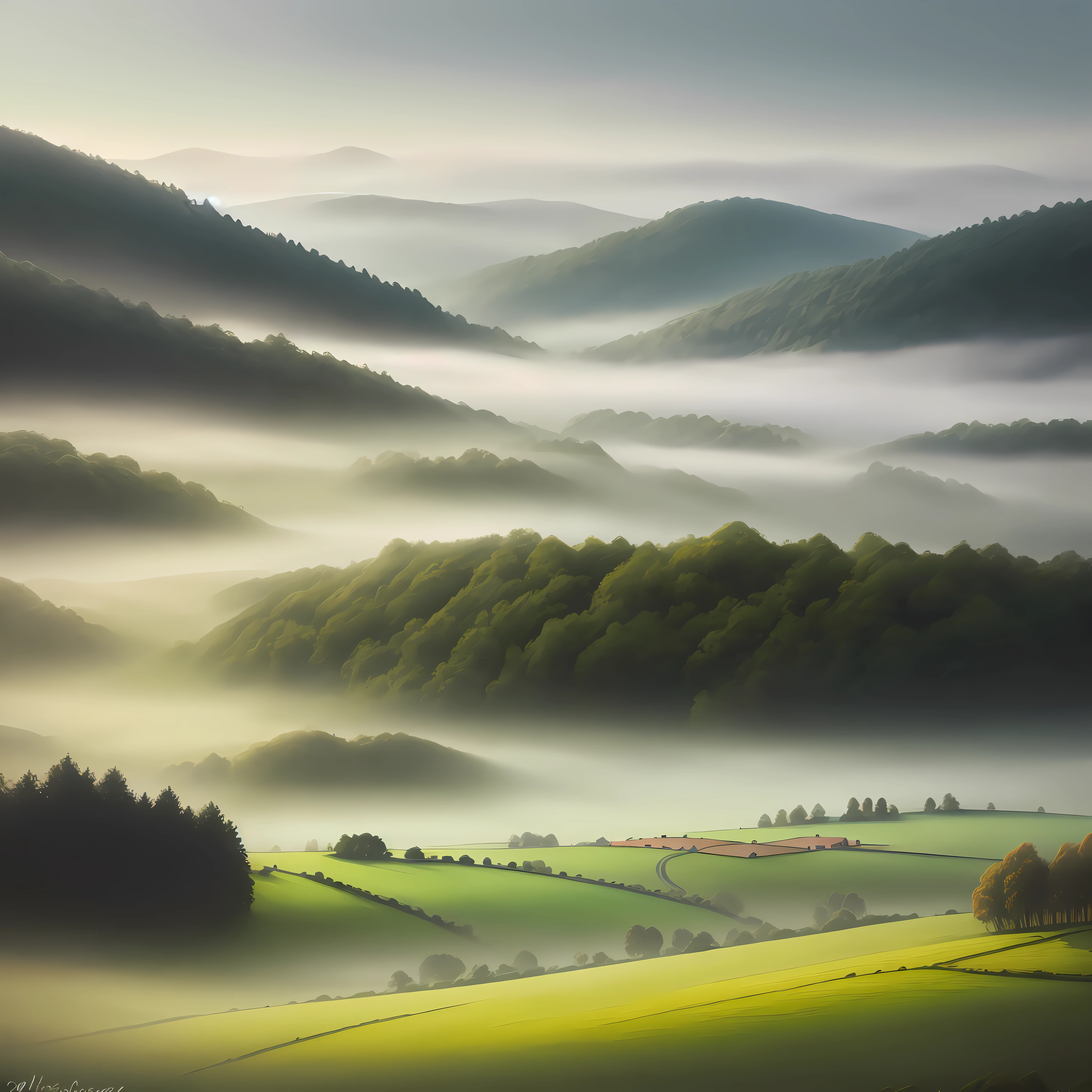 a dreamy misty countryside landscape in soft pastel colours