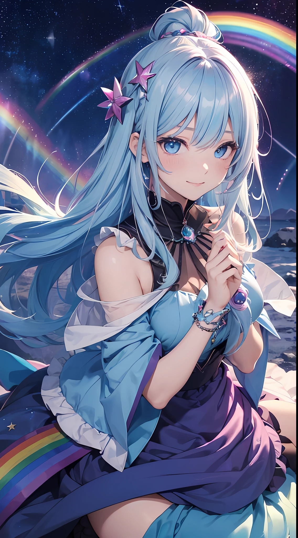 Dark Magician Girl、MKSKS style、2guys、(highly detailed back ground:1.0)、(highly detailed back ground:1.0)、masterpiece、top-quality、8K、Blue eyes、Pose with both hands raised and sides visible、The upper part of the body、Sitting in a plush chair、Hair ornament with emerald、Reddish cheeks、Smiling、(1/2 pink and 1/2 Light blue hair、rainbow-colored hair)、(Colorful dress with a lot of draping、Rainbow dress:1.3)、Fur muffler、Silver necklace、Silver bracelet、Bad hands, bad finger, Missing fingers, Extra fingers、Aurora、night sky full of stars、shooting stars、fullmoon、natta --auto