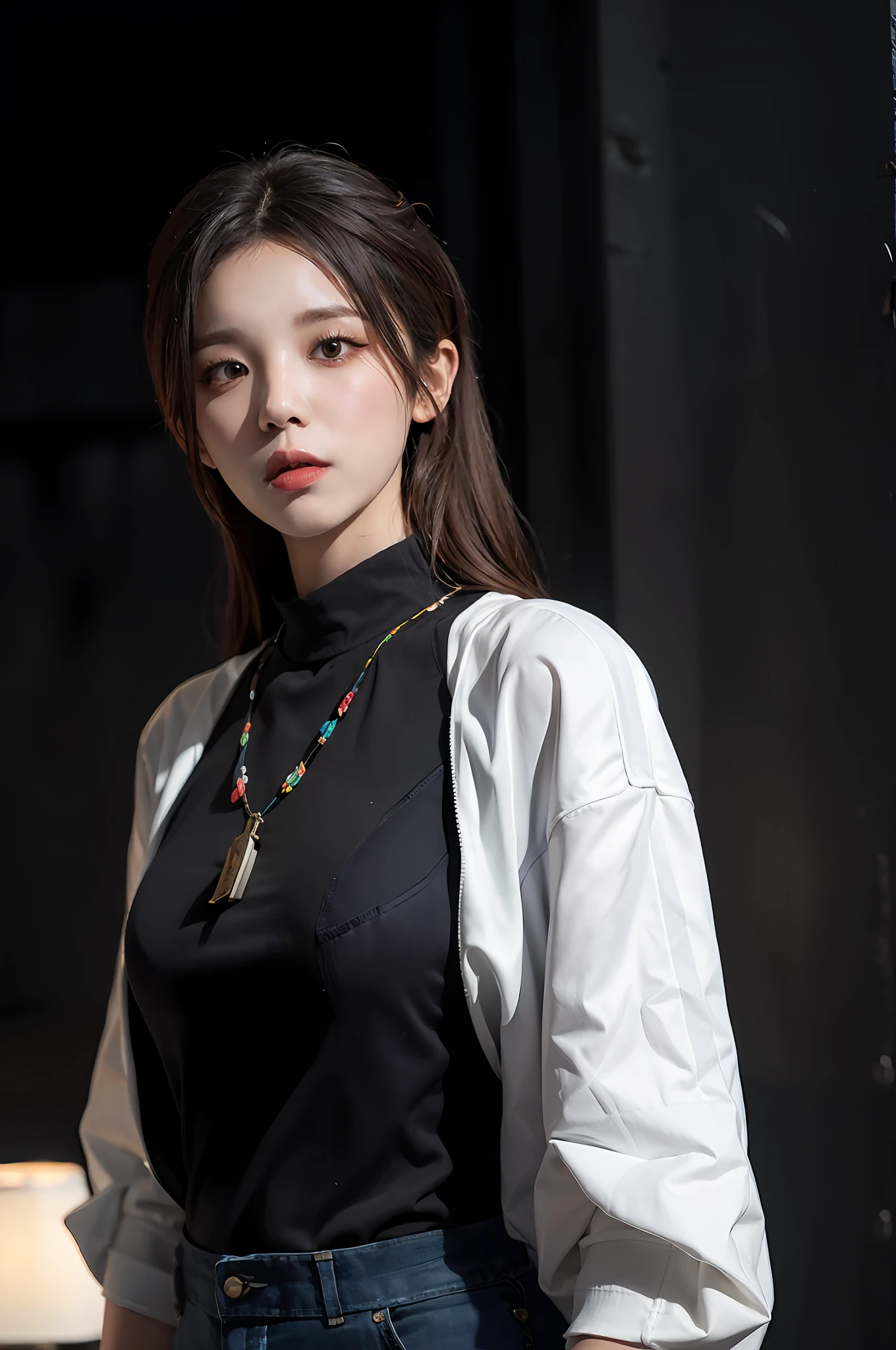 There was a woman standing in a dark room,Wearing a necklace, taken with canon eos 5 d mark iv, shot on a Canon EOS R5, shot on canon eos r 5, taken with canon 5d mk4, portrait of female korean idol, photograph of a techwear woman, Shot on Canon EOS R 6, iu lee ji-eun as a super villain