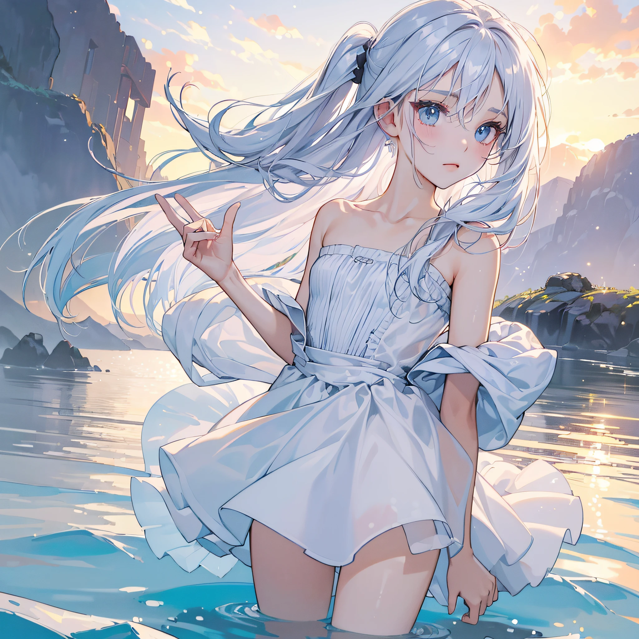 ((best qualtiy, 8k, tmasterpiece:1.3)), Focus:1.2, perfect bodies:1.4,  (wetclothes:1.1) ,, Bandeau Dress:1.1, Highly detailed facial and skin texture, A detailed eye, 二重まぶた，Whiten skin，long whitr hair --auto