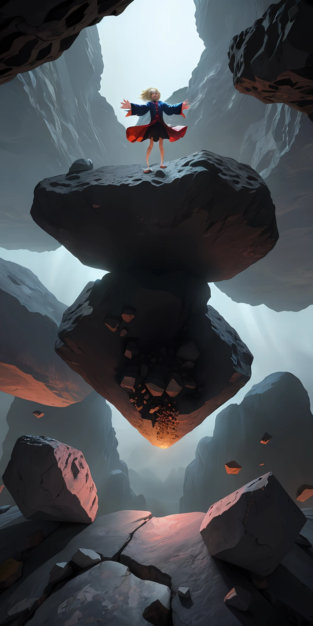 female barefoot summoner levitating with blonde hair robes and cape arms lifted up over a broken earth bright lava light from below asteroid field (jagged rocks boulders and debris shooting into the air:1.3) (windy dust debris storm:1.1) volumetric fog mist ray tracing z pass bright light from below, (masterpiece) (best quality) (detailed) (8k) (cinematic lighting) (sharp focus) (intricate)