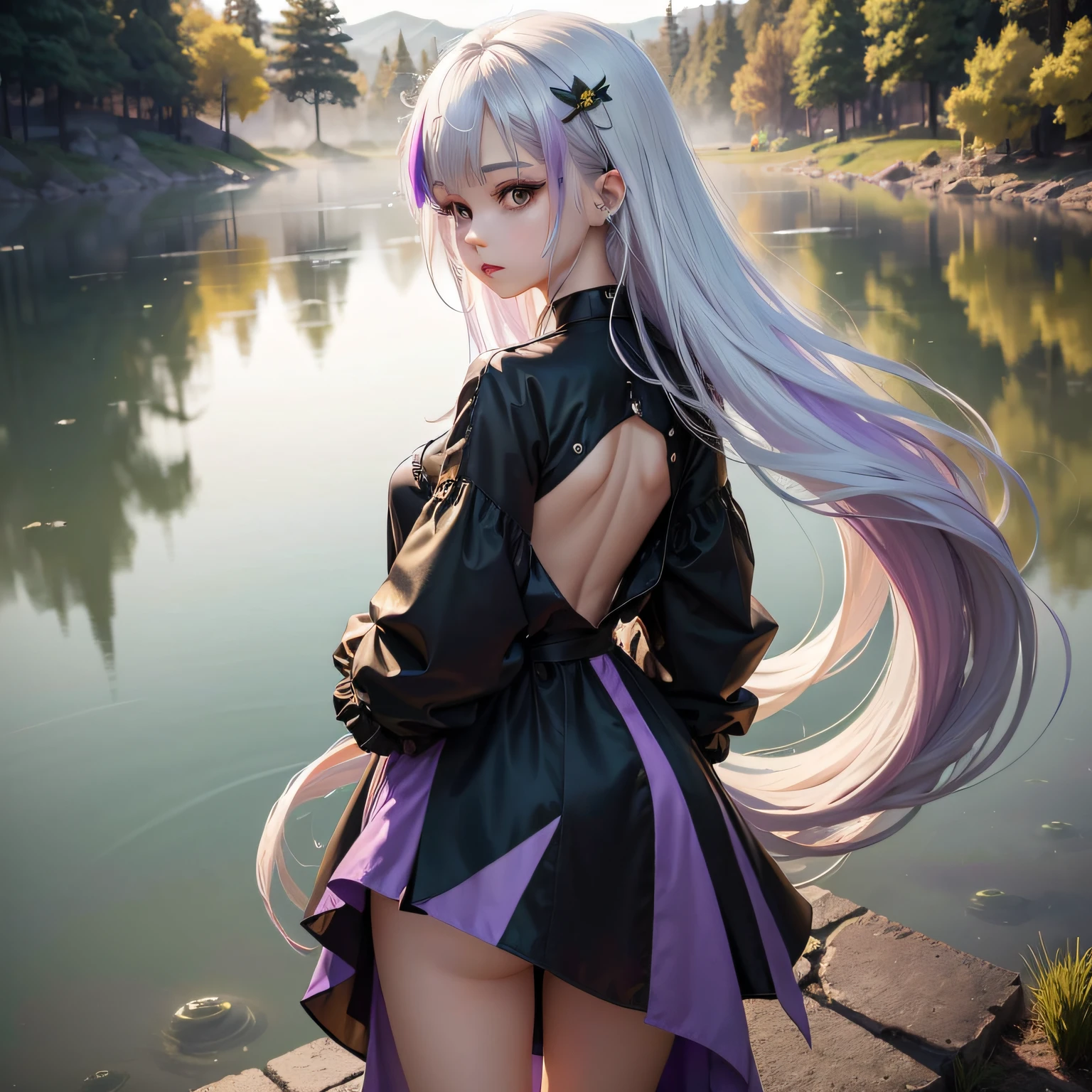((masterpiece))(game style)Wonderful(CG+unity 8k)Wallpapers，Girly image，((extremely detailed)Extreme)Detailed representation，((beautiful+delicate)It's incredibly beautiful)。In the endless vista，Presented(__girl__Character description)，(__dynamic pose__Dynamic gesture)。One head shines(Lots of coloured hair：__multicolored_hair+silver hair:1.4+red hair:1.2+purple hair+yellow hair:1.3+green hair:1.3__)of long hair，Behind her back，It is a lake covered with thick fog。meanwhile，Countless drops of water were floating around，It was getting dark，Make the whole picture intoxicating。 --auto