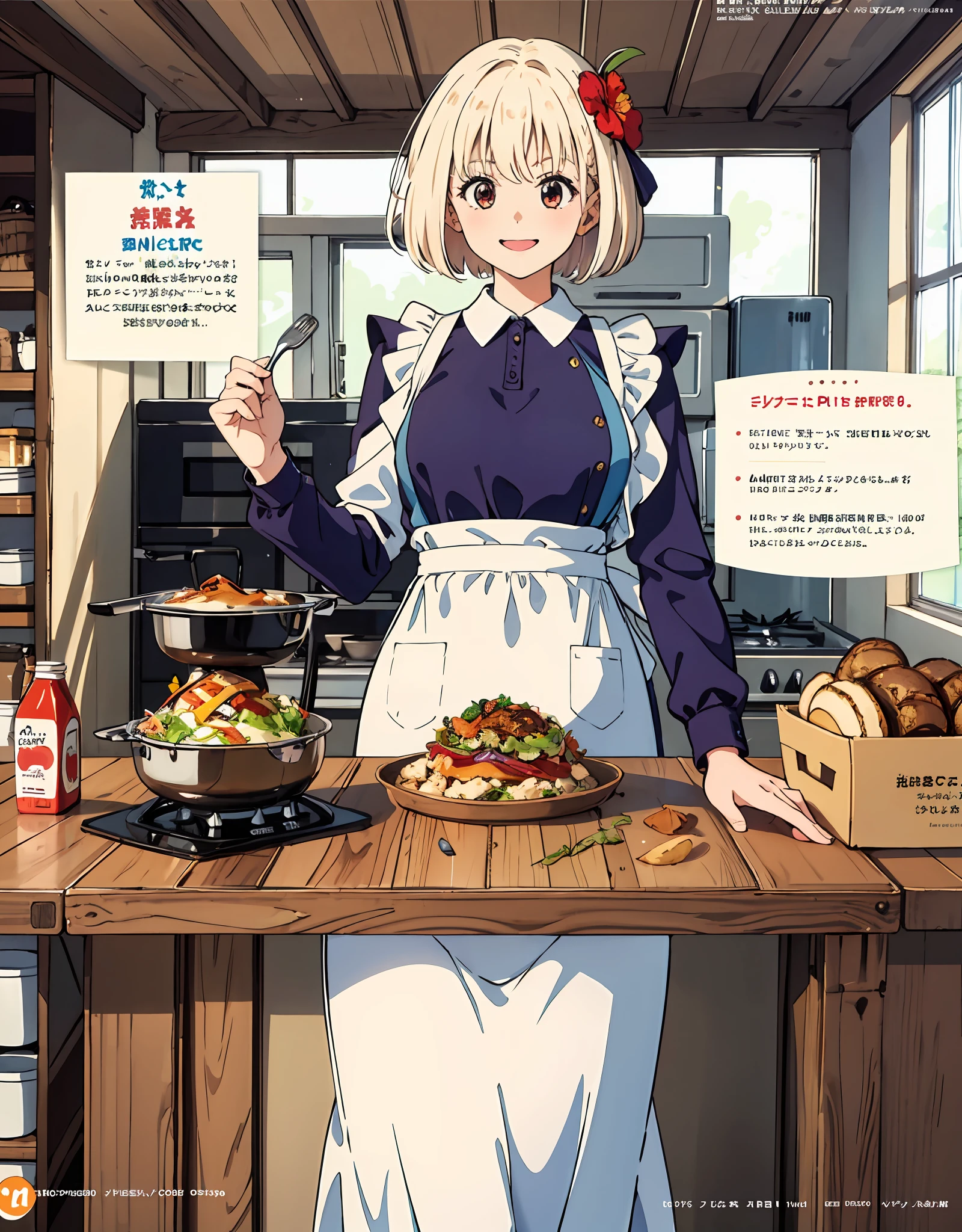 (Best Quality, Masterpiece), Front cover of a women's cooking magazine, 1girl, 30 years old, stunning, cute, heartwarming smile, hourglass figure, wearing floral dress, pinny apron, beautiful food, text, diagrams, advertisements, magazine title