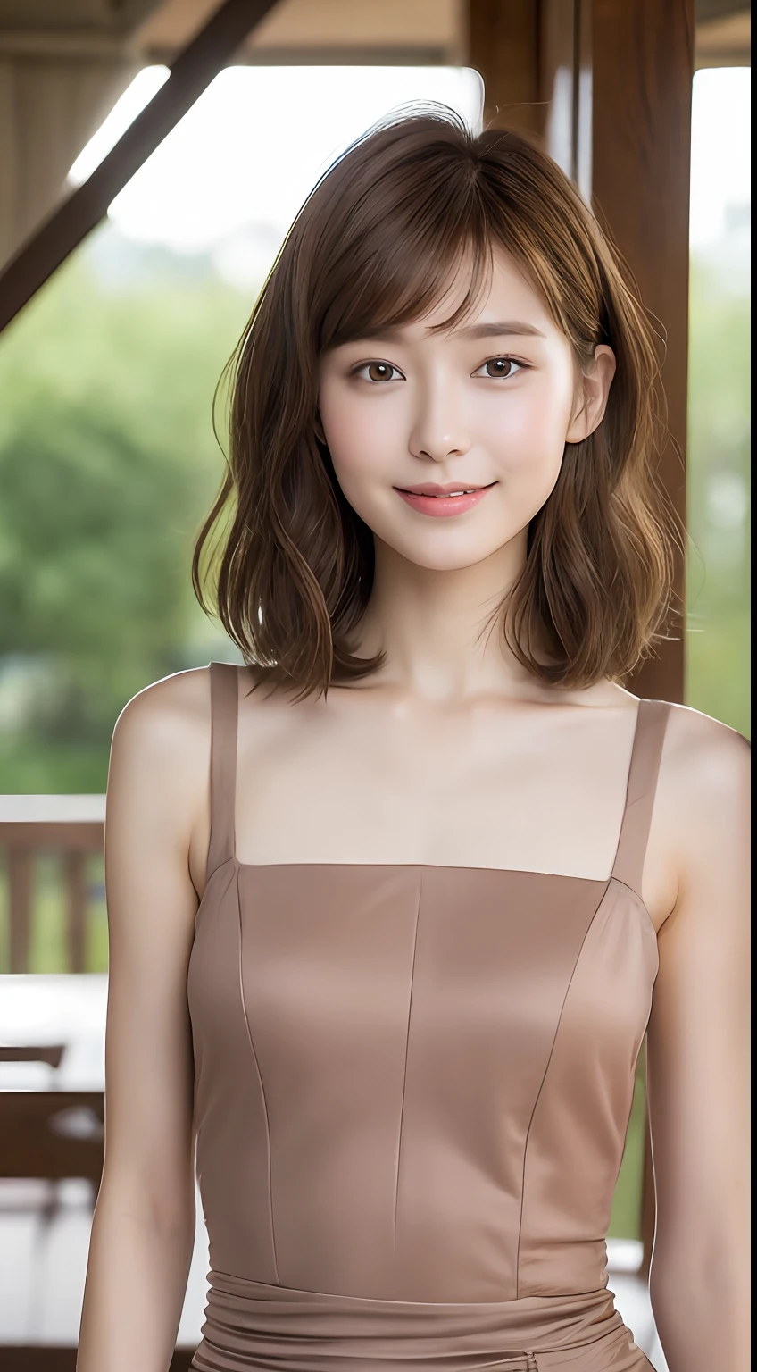 ((Best Quality, 8K, Masterpiece: 1.3)), 1 Girl, Slim Abs Beauty: 1.3, (Hairstyle Brown Hair Shortcut, Big: 1.2), Dress: 1.1, Super Slender Face, Delicate Eyes, Double Eyelids, Smile, Home, Raw Photo