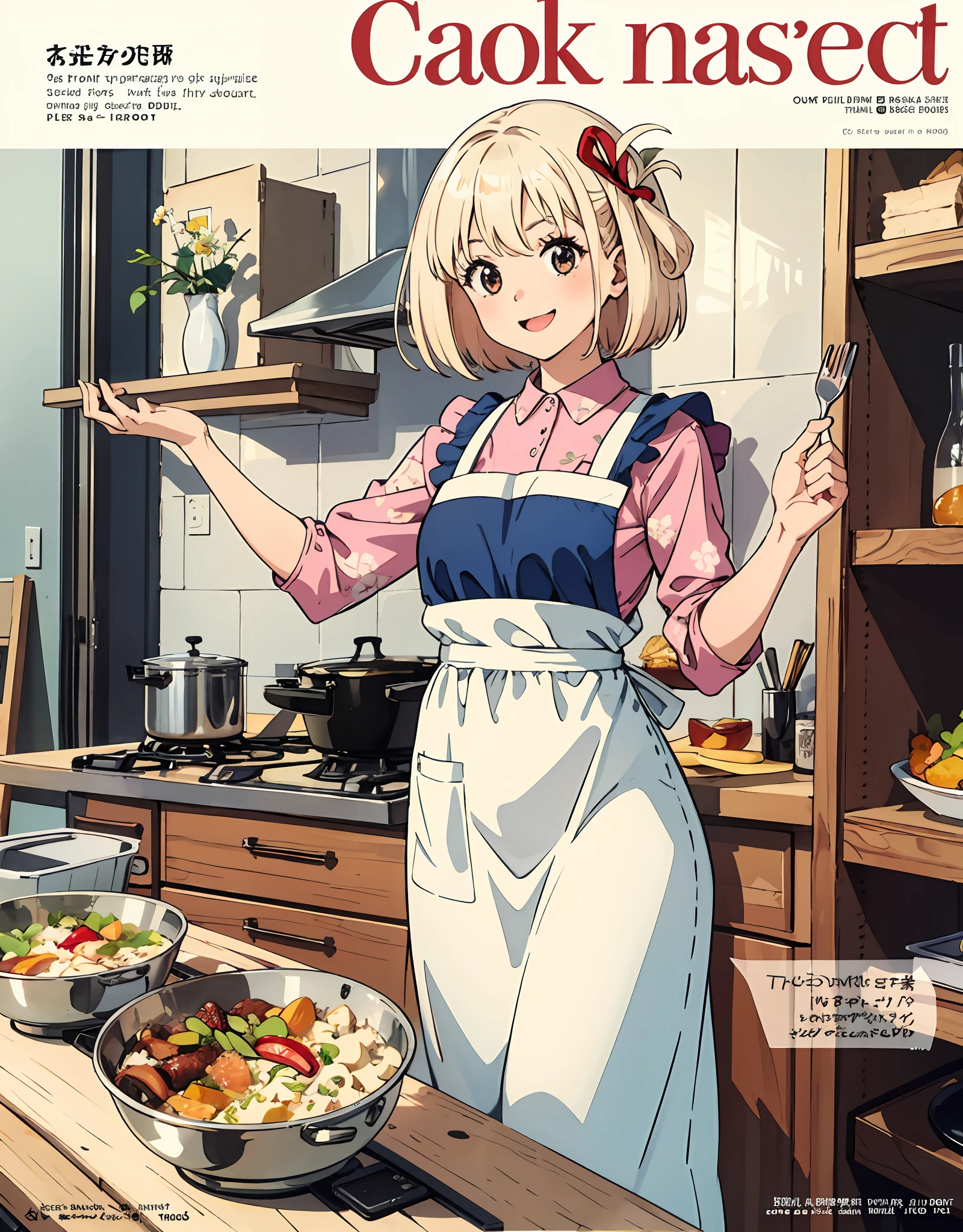 (Best Quality, Masterpiece), Front cover of a women's cooking magazine, 1girl, 30 years old, stunning, cute, heartwarming smile, hourglass figure, wearing floral dress, pinny apron, beautiful food, text, diagrams, advertisements, magazine title