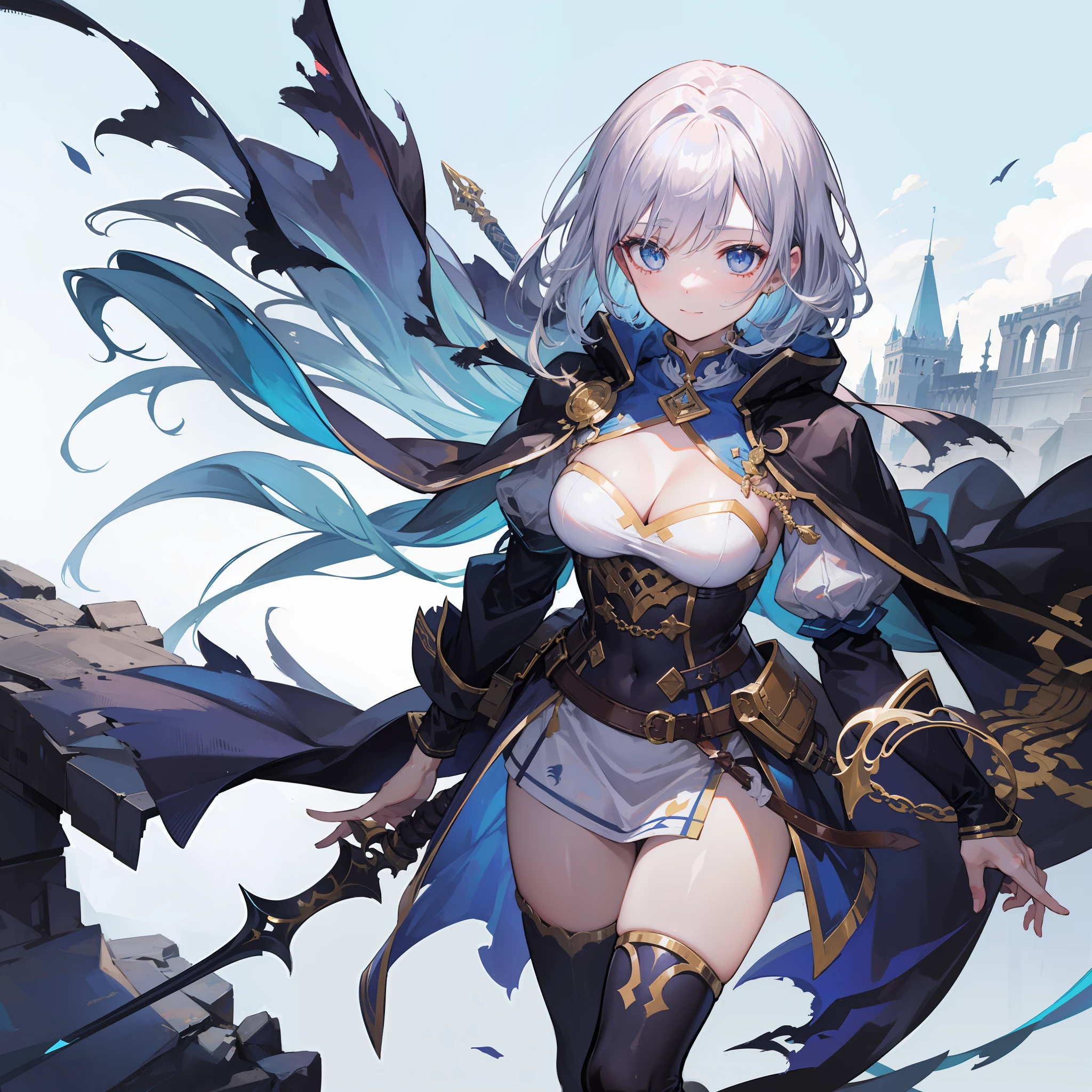 masterpiece, top-quality, One boy fights monsters、The brave、adventurer、Detailed and cheerful face、cheerful eyes、The brave、fights、Sword and sorcery fantasy、in isekai、(((Hold the magic sword)))、blue cloak、FULL BODYSHOT、Dynamic Poses、Dynamic angles、Old Castle of the West、Costume of the brave、hero、Midnight、Foggy、RPG、