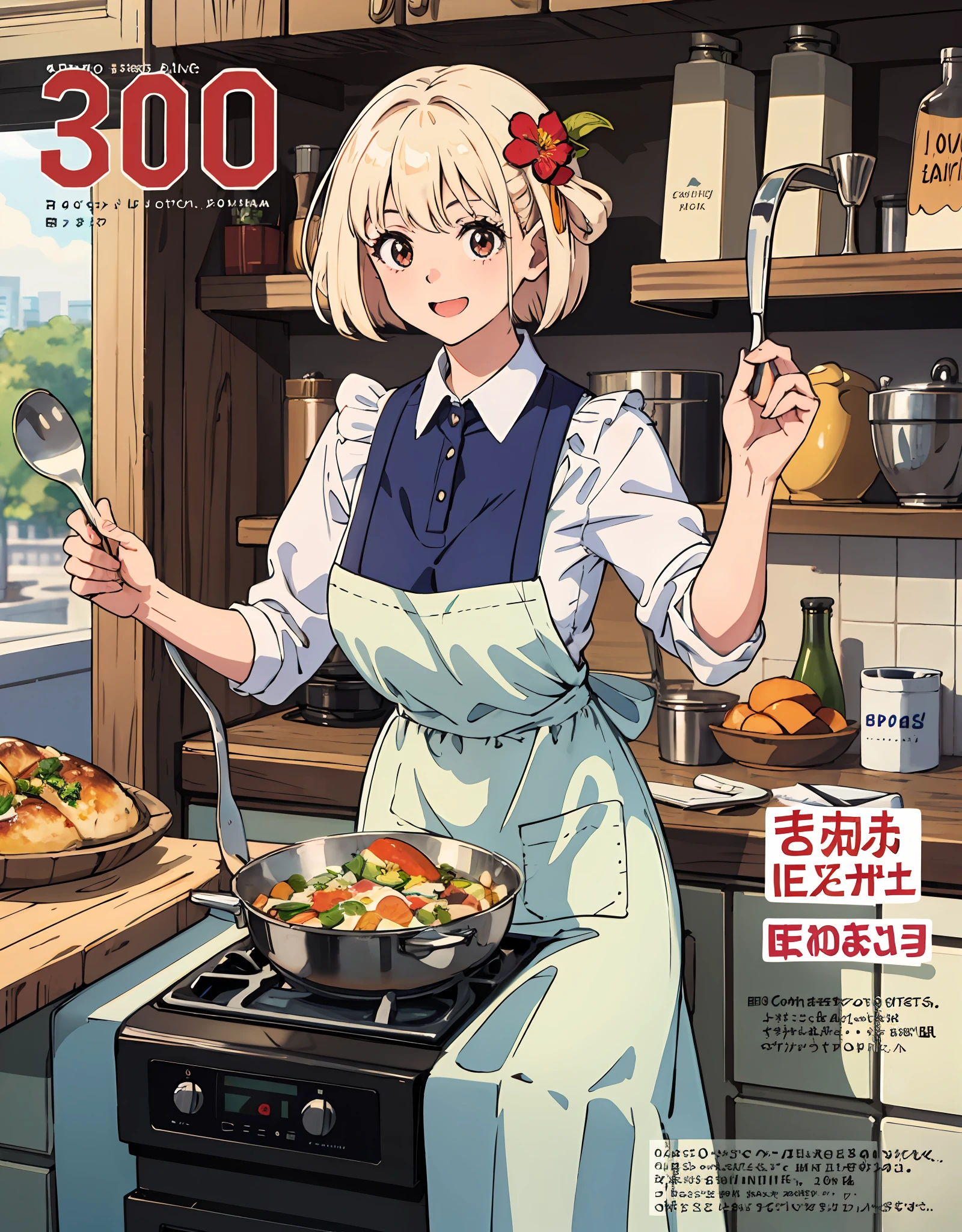 (Best Quality, Masterpiece), Front cover of a women's cooking magazine, 1girl, 30 years old, stunning, cute, heartwarming smile, hourglass figure, wearing floral dress, pinny apron, beautiful food, text, diagrams, advertisements, magazine title