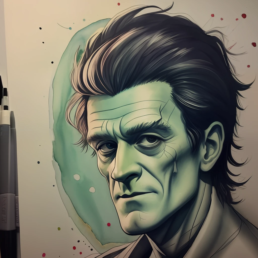 O Personagem Frankenstein em estilo aquarela, Design com qualidade de 32k, inspirada em design de camiseta, com estilo aquarela, made by DSLR Camera, enquadramento total, Centralizado, fundo branco, maximum quality, maximum details. Imagem de um excelente pintor.