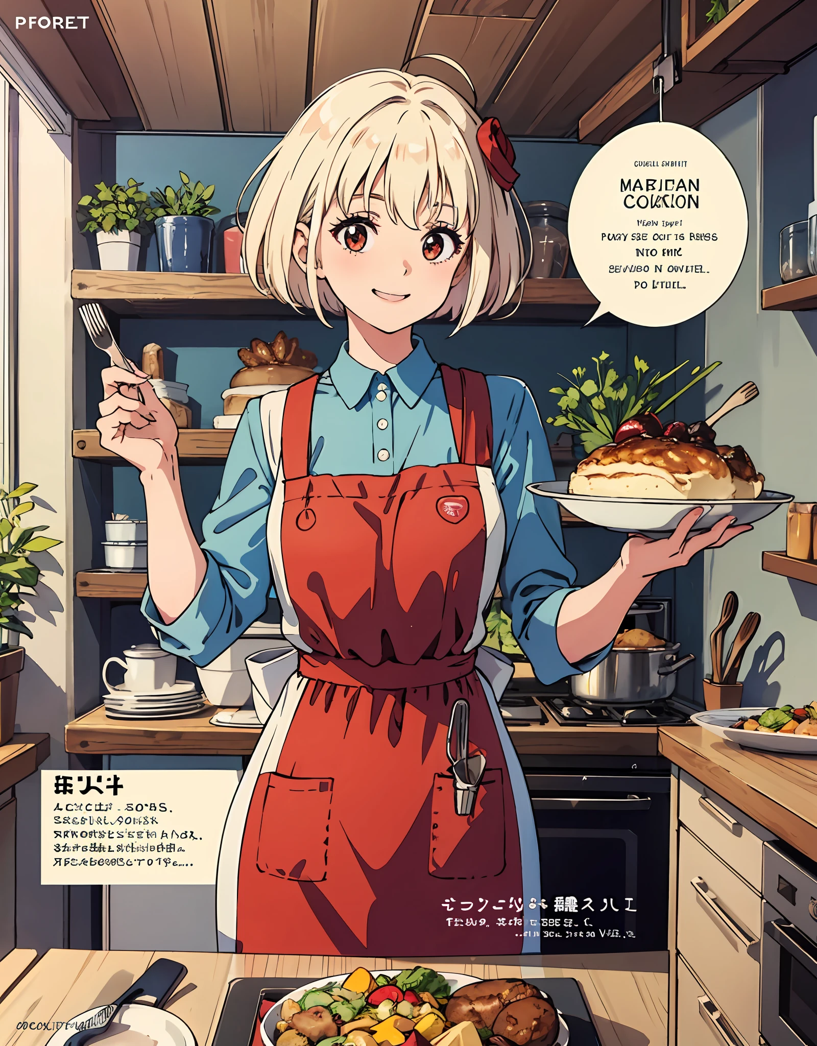 (Best Quality, Masterpiece), Front cover of a women's cooking magazine, 1girl, 30 years old, stunning, cute, heartwarming smile, hourglass figure, wearing floral dress, pinny apron, beautiful food, text, diagrams, advertisements, magazine title