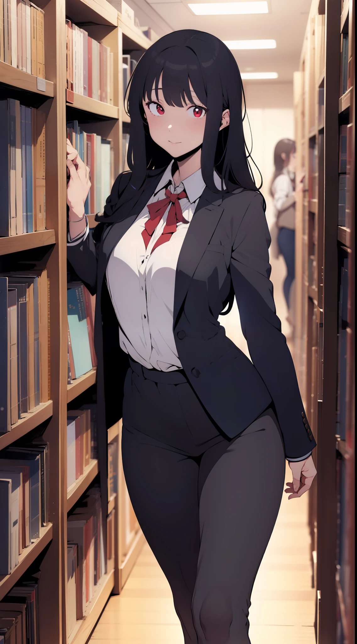 one woman,lightslategray suit,sexy pose,tiny breasts,tall of a person,gleaming skin,beautiful face,sharp eyes,cool face,long hair,wave hair,black hair,red eyes,library,illustration style,anime style,masterpiece, extremely fine and beautiful,illustration,adult woman